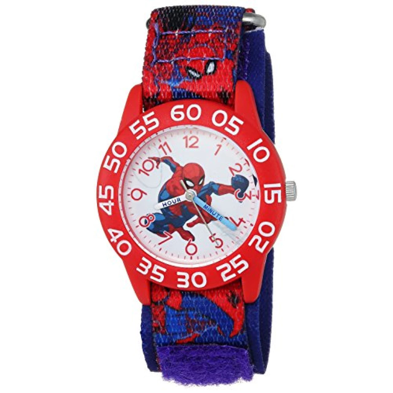 Marvel Spider-Man Kids&rsquo; Plastic Time Teacher Analog Quartz Nylon Strap Watch,Red/Blue