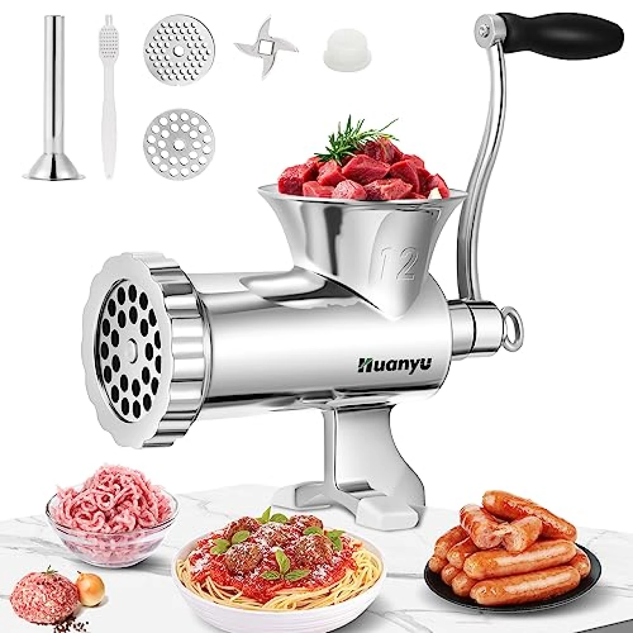 Huanyu Meat Grinder Manual Stainless Steel Meat Mincer Sausage Stuffer Filler Handheld Meat Ginding Machine Multifunctional Attachments Household for Chicken,Beef,Small Bone,Chili NO12