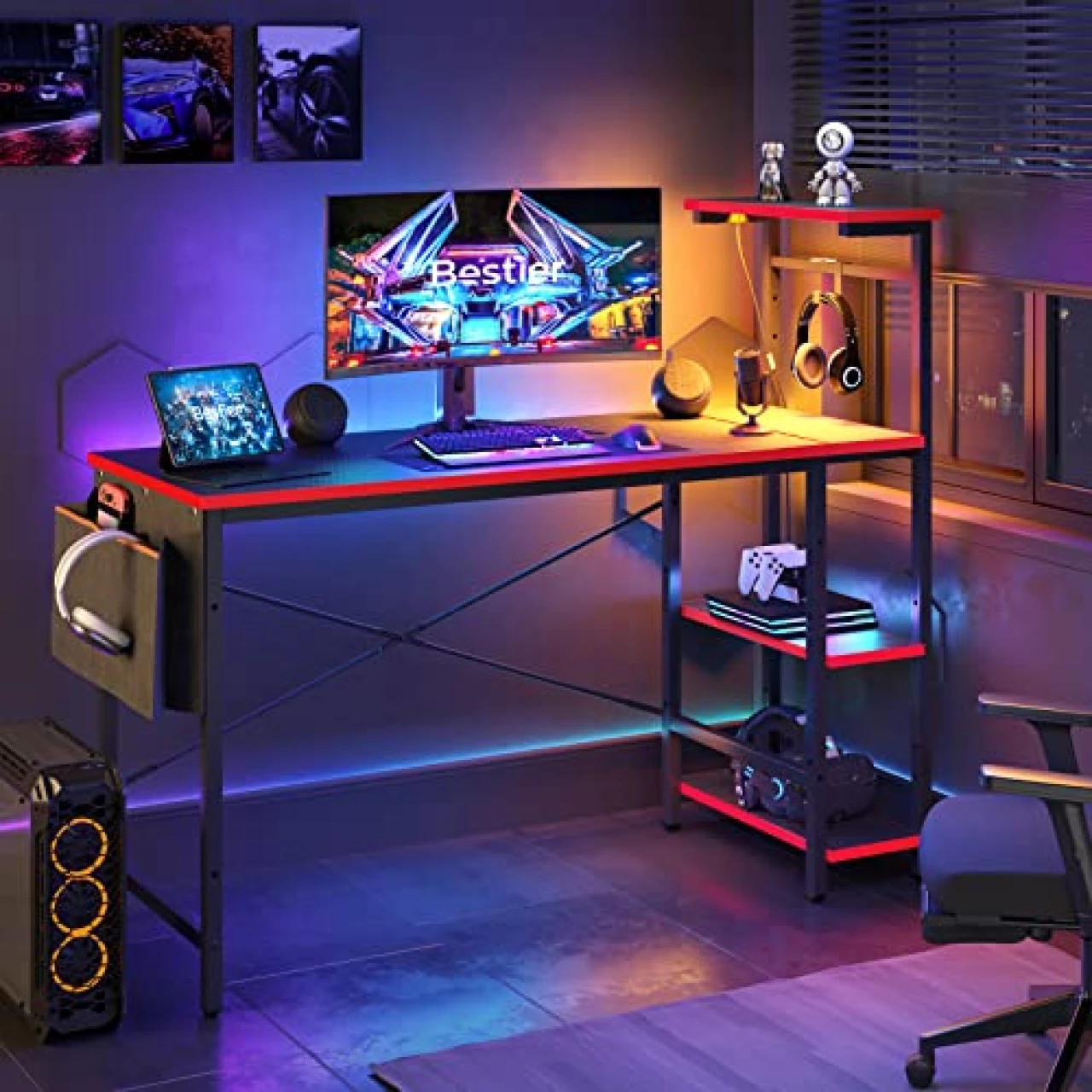 Bestier Gaming Desk with LED Lights, Computer Desk with 4 Tiers Reversible Shelves, 51.3 Inch Gamer Desk with Side Storage Bag, Hooks and Height Adjustable Shelf (Black Carbon Fiber)