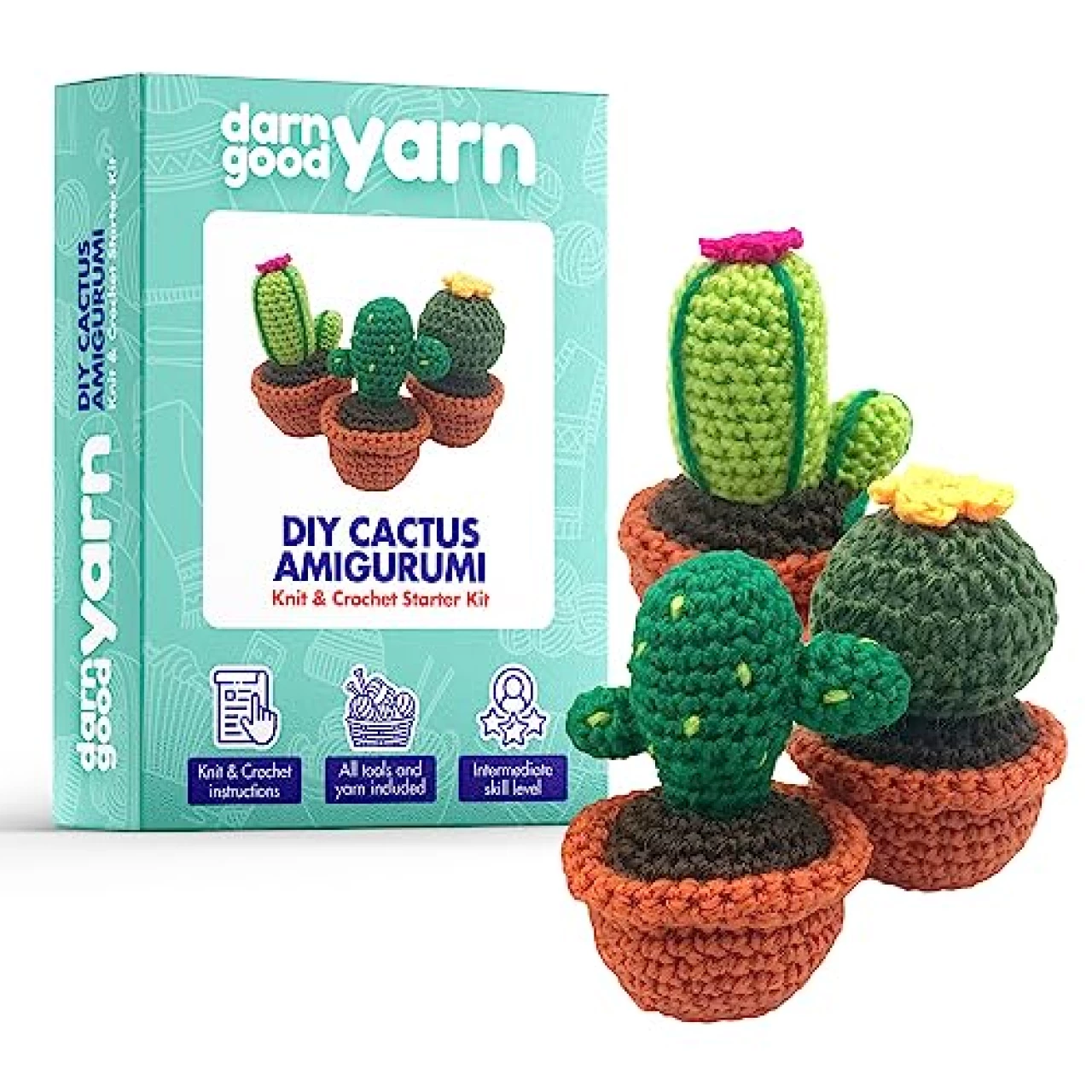 Darn Good Yarn - Crochet kit for Beginners to Intermediate | Cactus DIY Crochet Amigurumi - Crochet Kit Include Pattern, Yarn, Crochet Hook, Stuffing and Knitting Needles