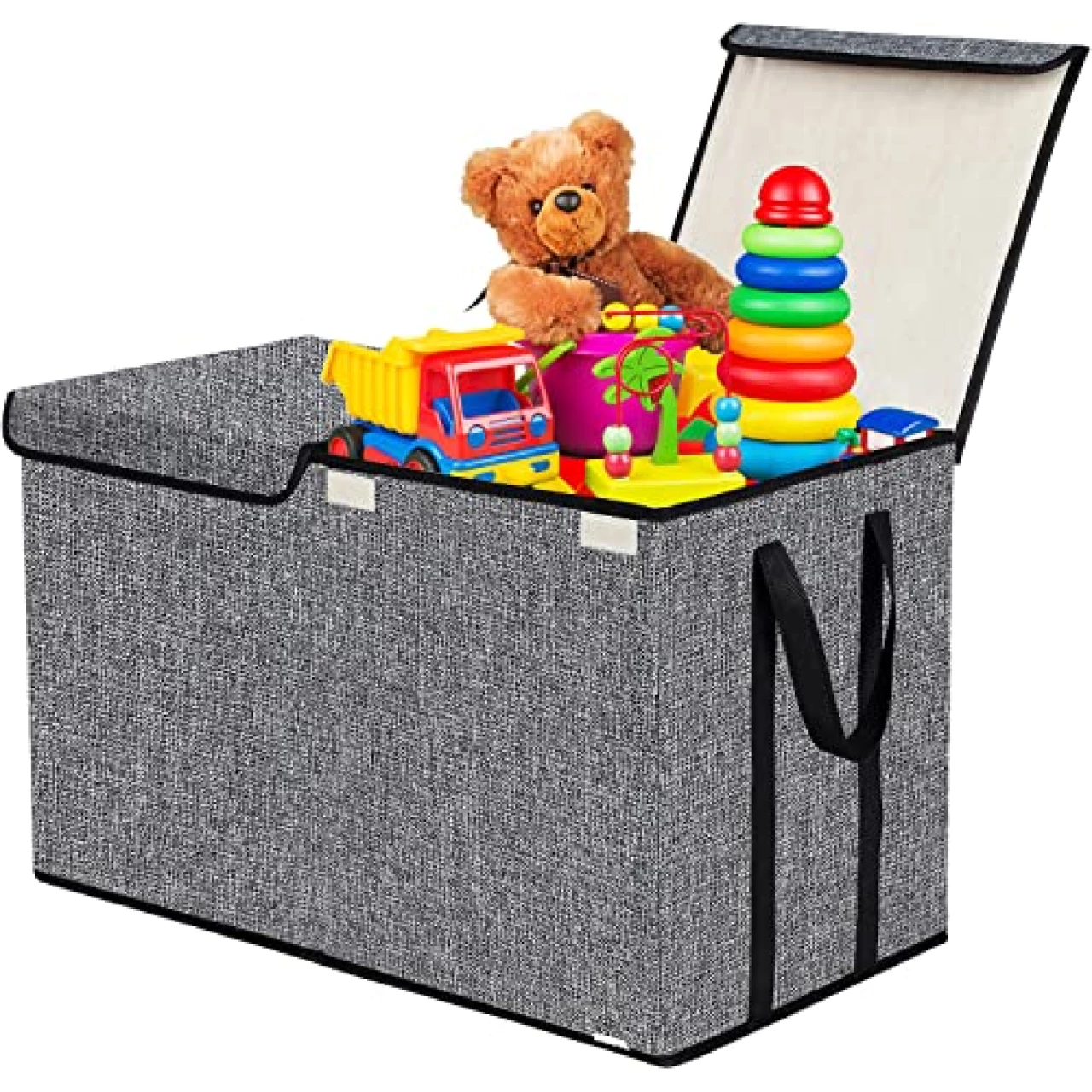 YOLOXO Large Kids Toy Box Chest Storage organizer with Double Flip-Top Lid - Collapsible Sturdy Toy Organizers And Storage Bins With Big Handles For Nursery, Playroom, 26.8x13.8x16(Grey)