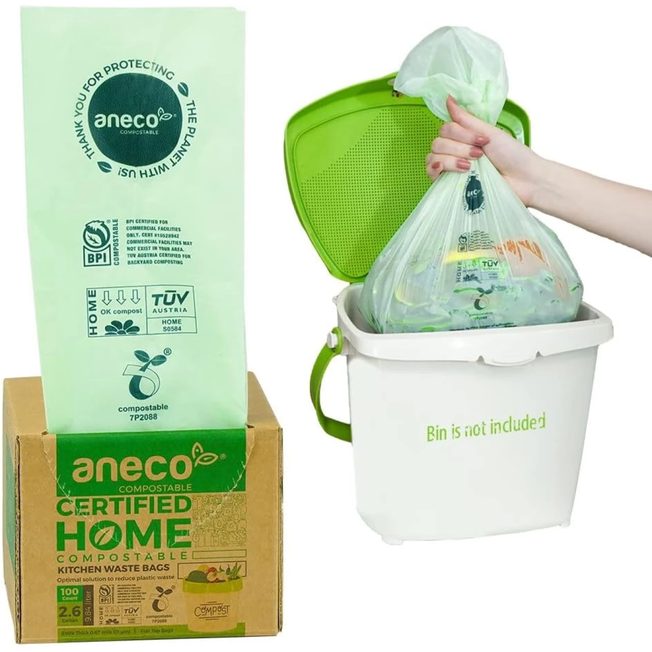 ANECO 100% Compostable Trash Bags 2.6 Gallon, Extra Thick Kitchen Small Compost Bags (100 Count)