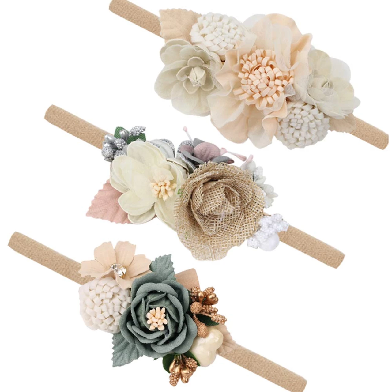 PABOBIT Baby Girl Flower Nylon Headband-Elastic Hair Band Handmade Bow (3 Pack)