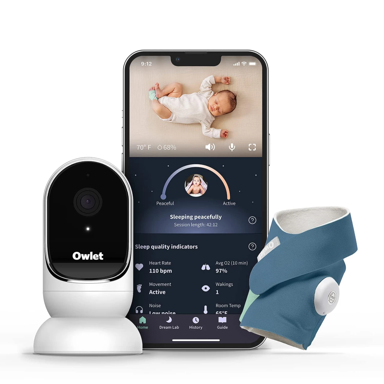 Owlet Dream Duo Smart Baby Monitor - Video with HD Camera &amp; Sock: Only to Track Heart Rate Average Oxygen as Sleep Quality Indicators Bedtime Blue
