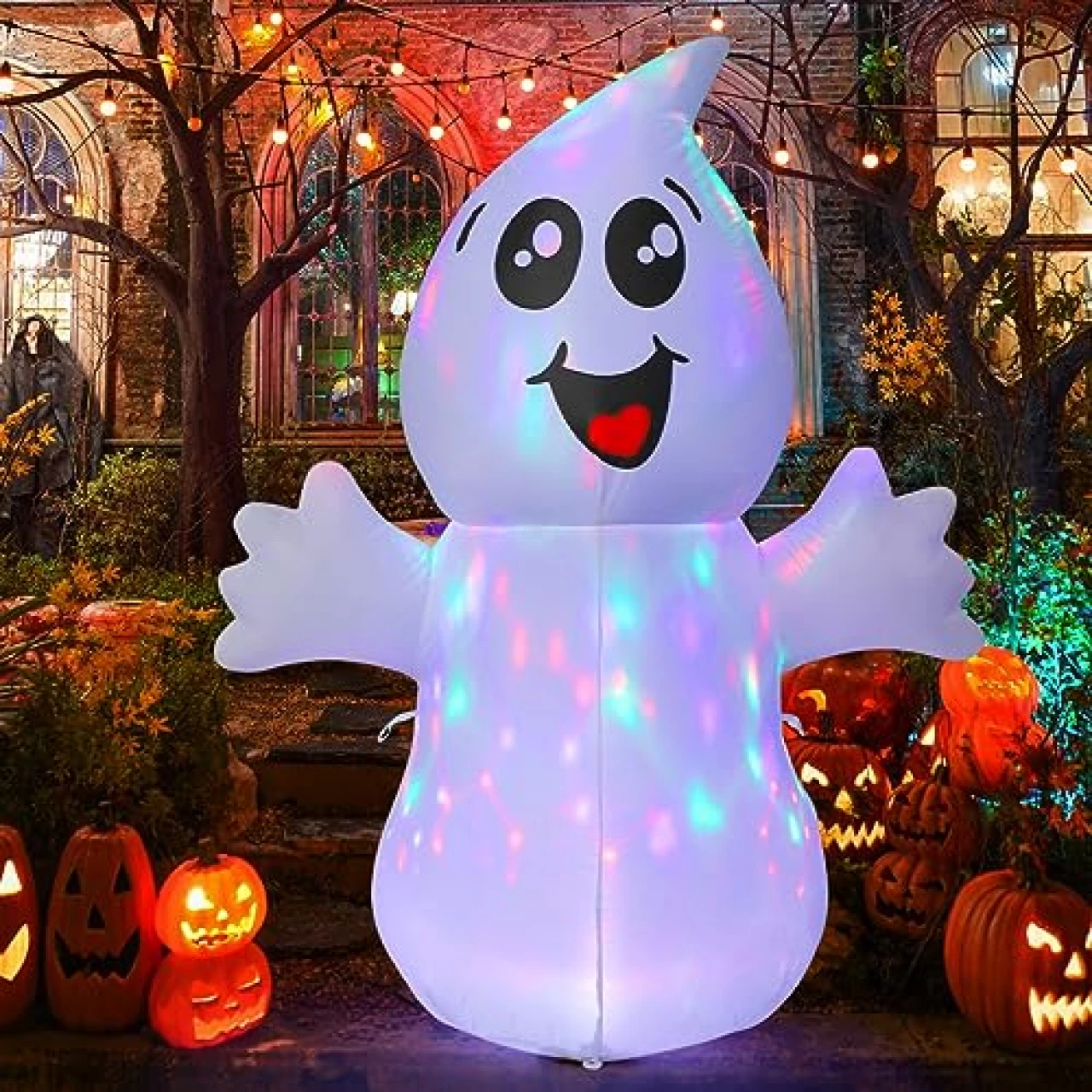 GOOSH 5 FT Halloween Cute Ghost Inflatable with 360° Rotating Magic Light