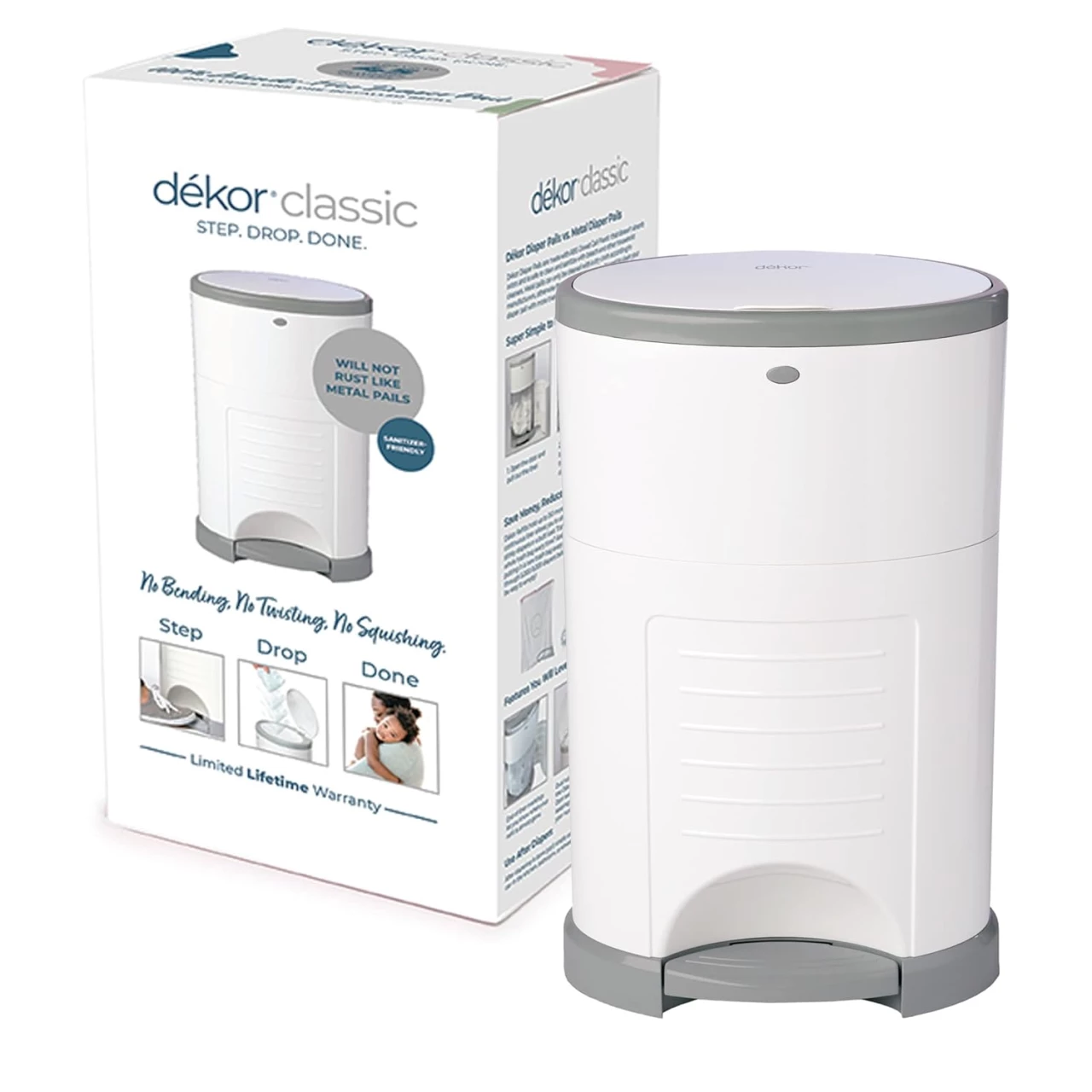 Dekor Classic Hands-Free Diaper Pail | White | Easiest to Use | Just Step - Drop - Done | Doesn&rsquo;t Absorb Odors | 20 Second Bag Change | Most Economical Refill System