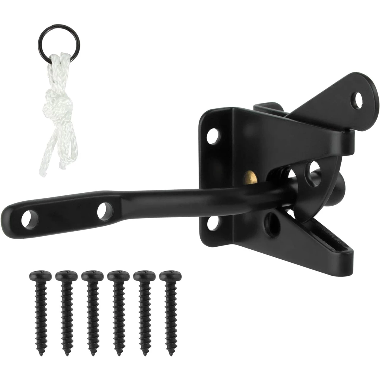 HILLMASTER Upgrade Self-Locking Gate Latch for Wooden Fence Heavy Duty, Automatic Gravity Lever Door Latches with Longer Fasteners &amp; Pull String for Secure Pool, Garden, Black Finish/4.7in