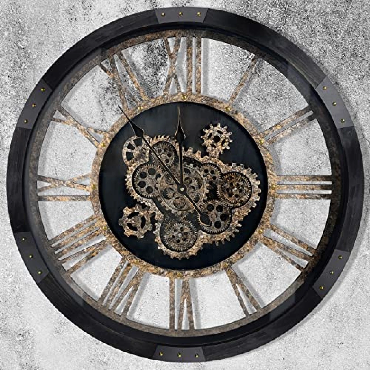 27 inch Large Real Moving Gears Wall Clock with Toughened Glass Cover, Oversized Solid Wood Retro Farmhouse Clock, Giant Decorative Rustic Wall Clock for Living Room Home Kitchen Office (Black)