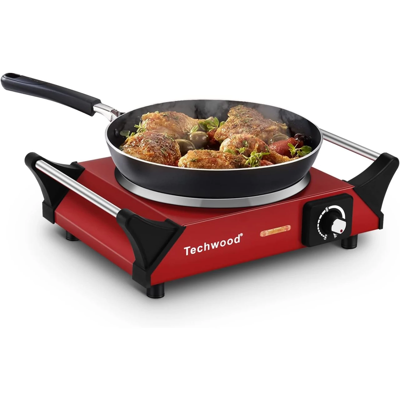 Hot Plate, Techwood Electric Stove for Cooking, 1500W Countertop Single Burner with Adjustable Temperature &amp; Stay Cool Handles, 7.5” Cooktop for Home/RV/Camp, Compatible for All Cookwares, Red