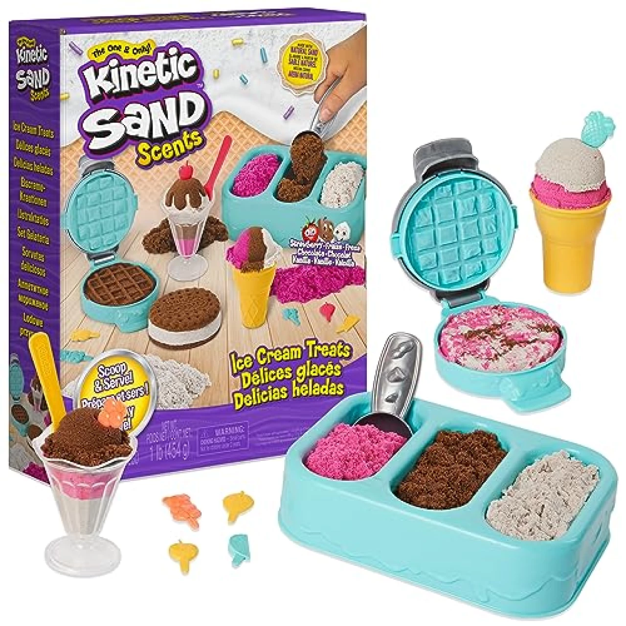 Kinetic Sand Scents, Ice Cream Treats Playset with 3 Colors of All-Natural Scented Play Sand &amp; 6 Serving Tools