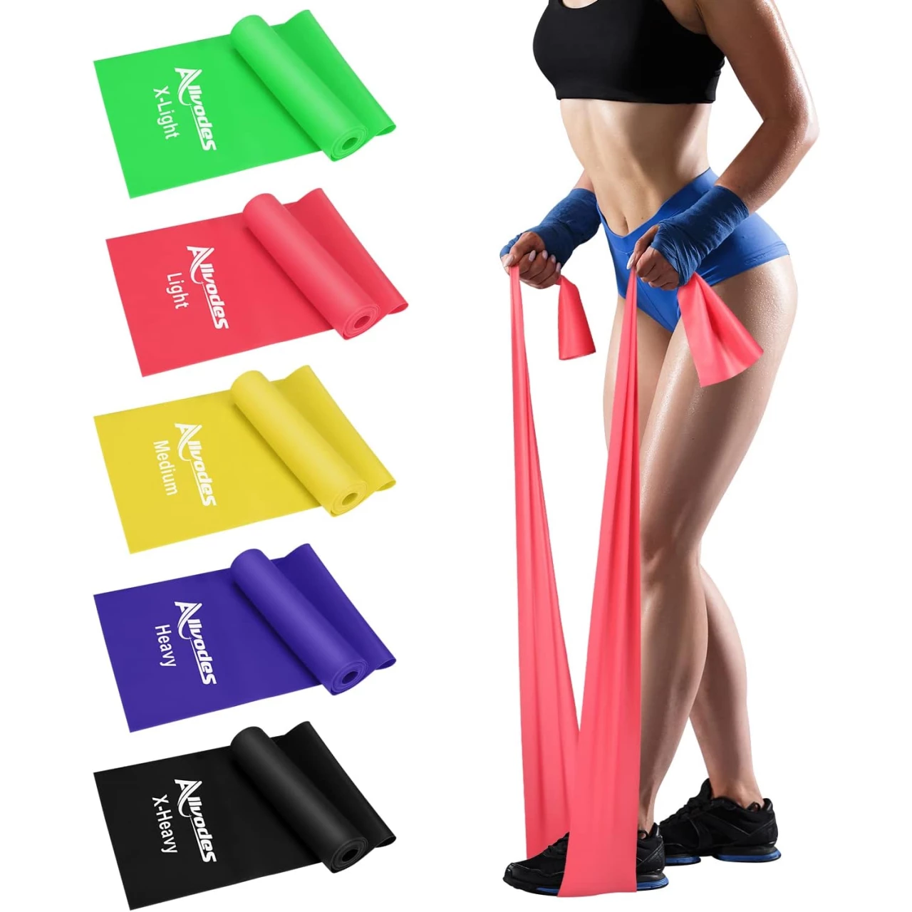 Allvodes Exercise Bands for Working Out, Resistance Bands Set with 5 Resistance Levels, Skin-Friendly Elastic Bands with Carrying Pouch for Home Workout, Strength Training, Yoga, Pilates