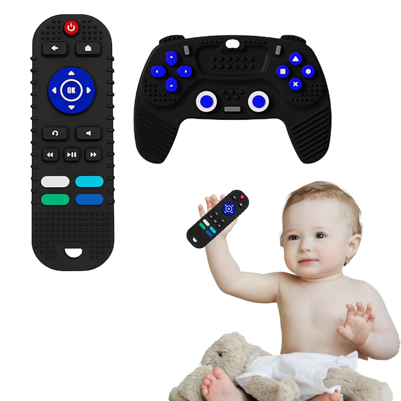 2-Pack Baby Teether Toys Silicone Toddler Sensory Toy Chew Toys Educational, TV Remote Control Shape Teething Toys for Babies 6-18 Months (Black)