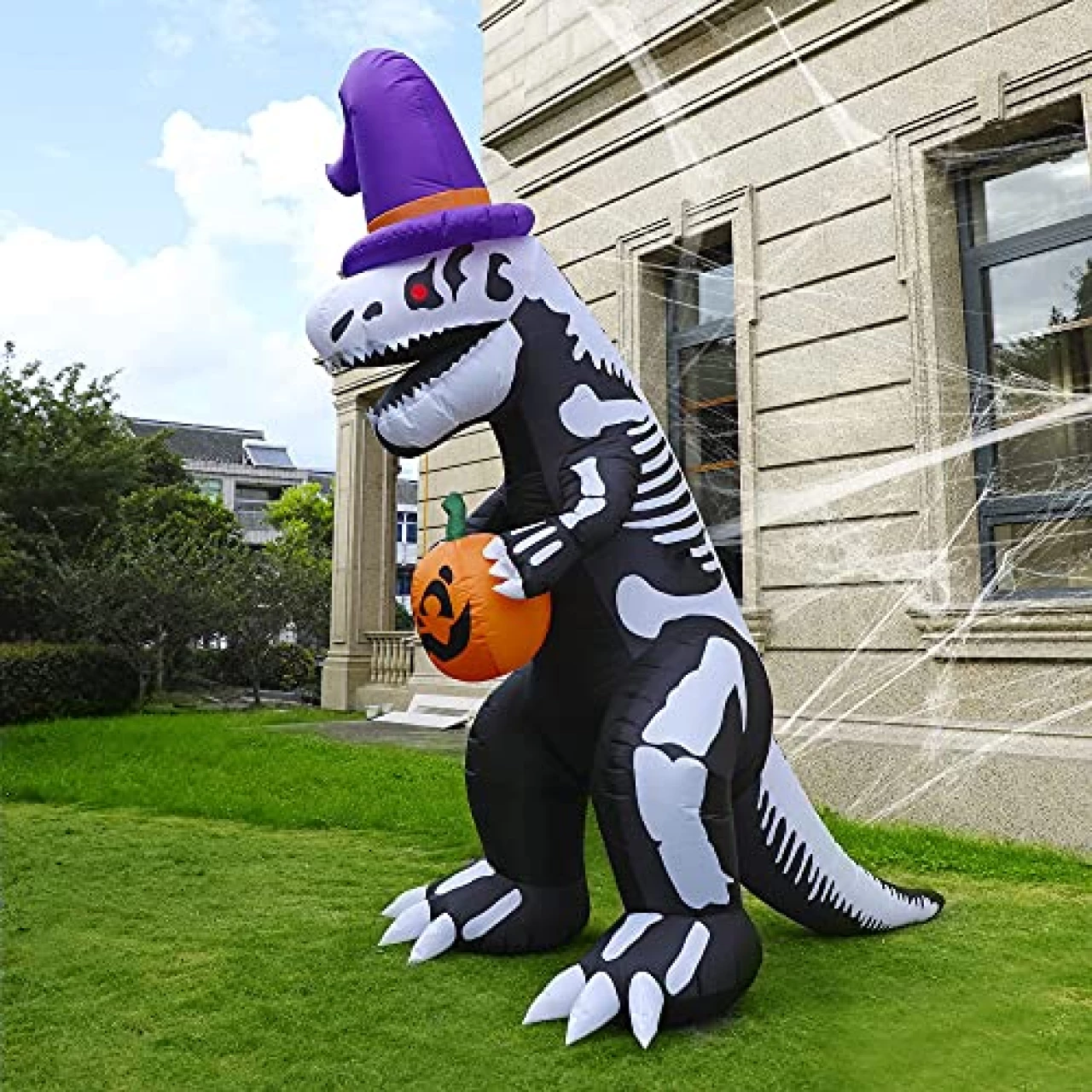 Twinkle Star 8 FT Halloween Inflatables Lighted Skeleton Dinosaur Hold Pumpkin