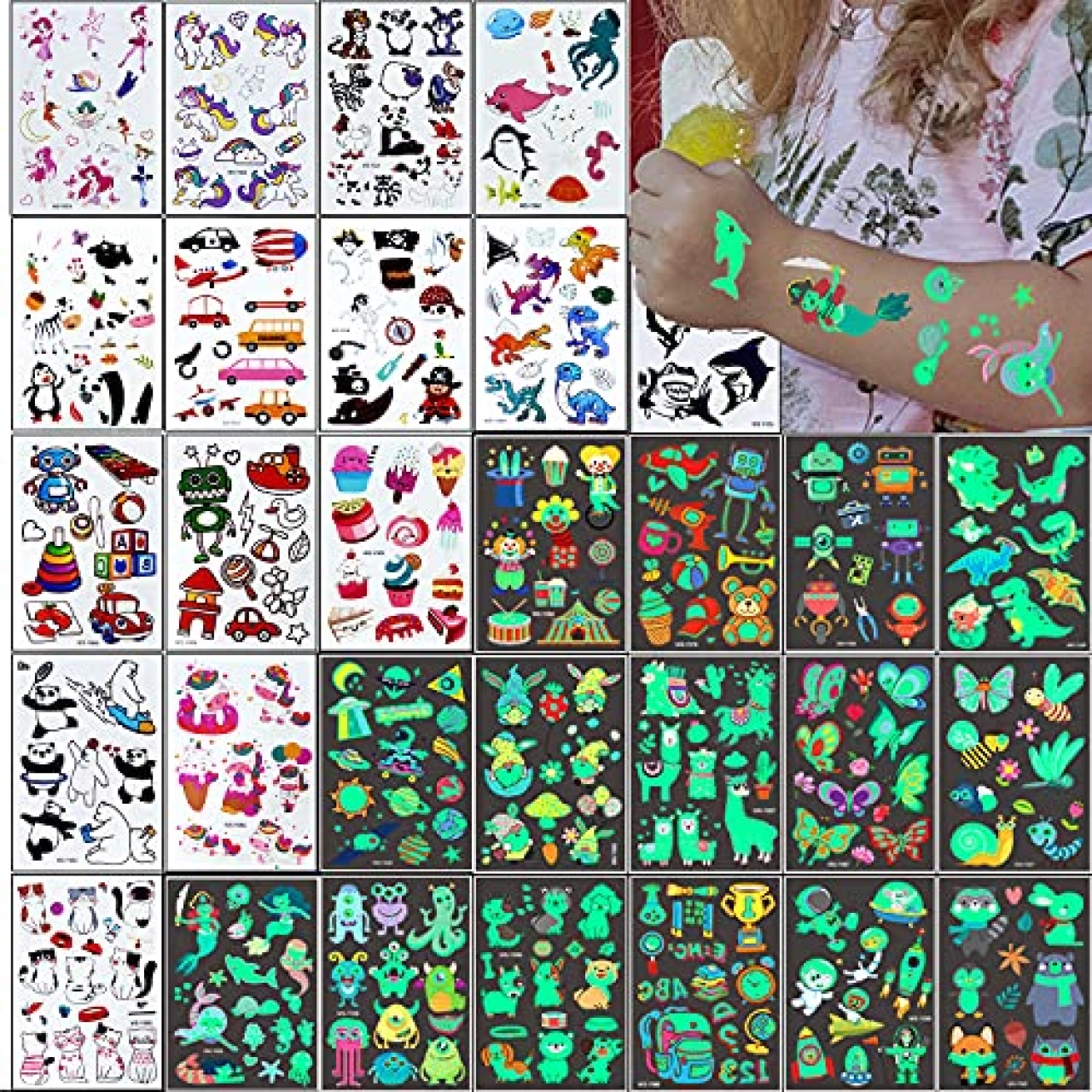 Glow in the Dark Tattoos for Kids 400 Pcs Luminous Kids Temporary Tattoos, Cool Tattoo Stickers Kids, Tattoos for Boys Girls, Tattoos for Kids Party Favors Birthday Halloween Christmas Festival etc