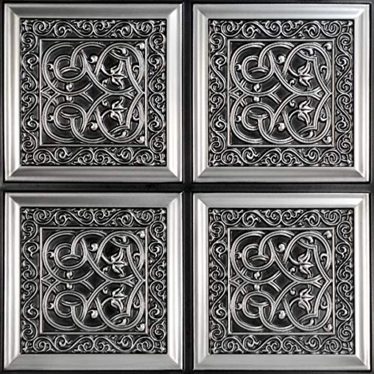 From Plain To Beautiful In Hours 231 Lover&rsquo;s Knot PVC 2&rsquo; x 2&rsquo; Glue-up Ceiling Tile, Pack of 25, Antique Silver, 25 Piece