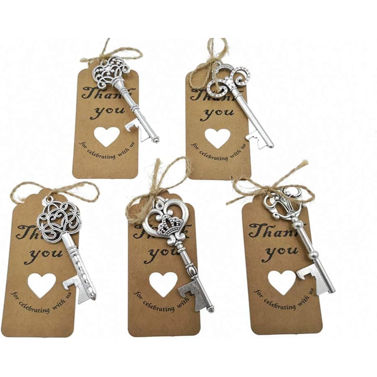 50pcs Skeleton Key Bottle Opener Wedding Party Favor Souvenir Gift with Escort Tag and Jute Rope(Silver Tone,5 styles)