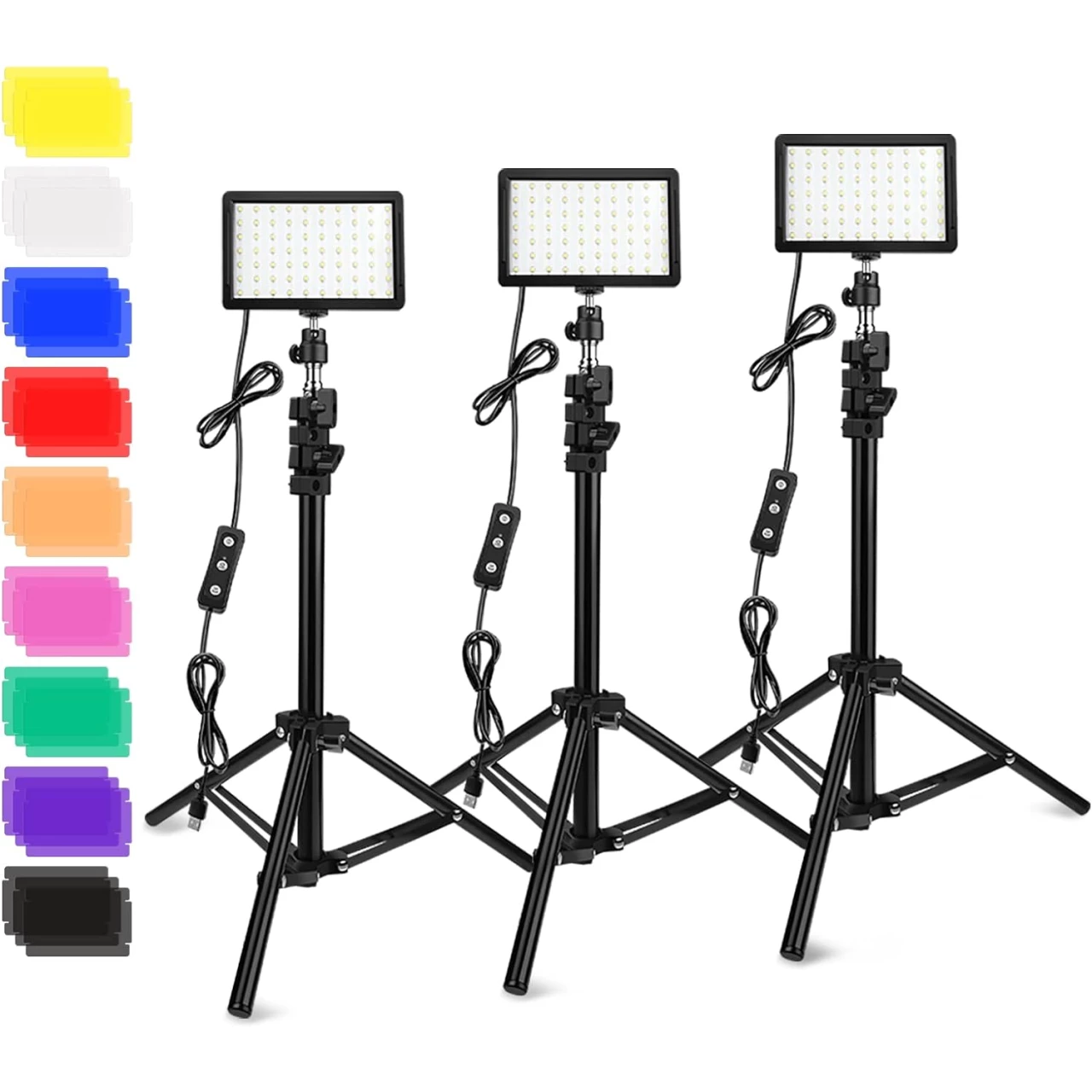 3 Packs 70 LED Video Light with Adjustable Tripod Stand/Color Filters, Obeamiu 5600K USB Studio Lighting Kit