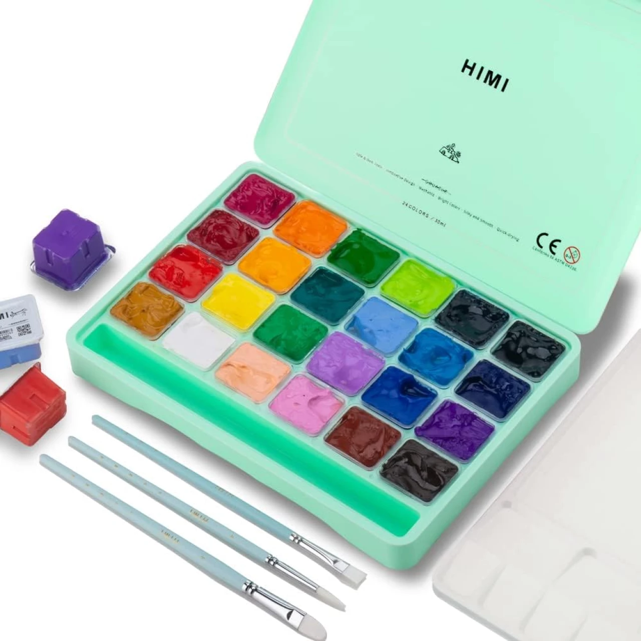 HIMI Gouache Paint Set, 24 Colors x 30ml/1oz with 3 Brushes &amp; a Palette, Unique Jelly Cup Design, Non-Toxic, Guache Paint for Canvas Watercolor Paper - Perfect for Beginners, Students, Artists(Green)