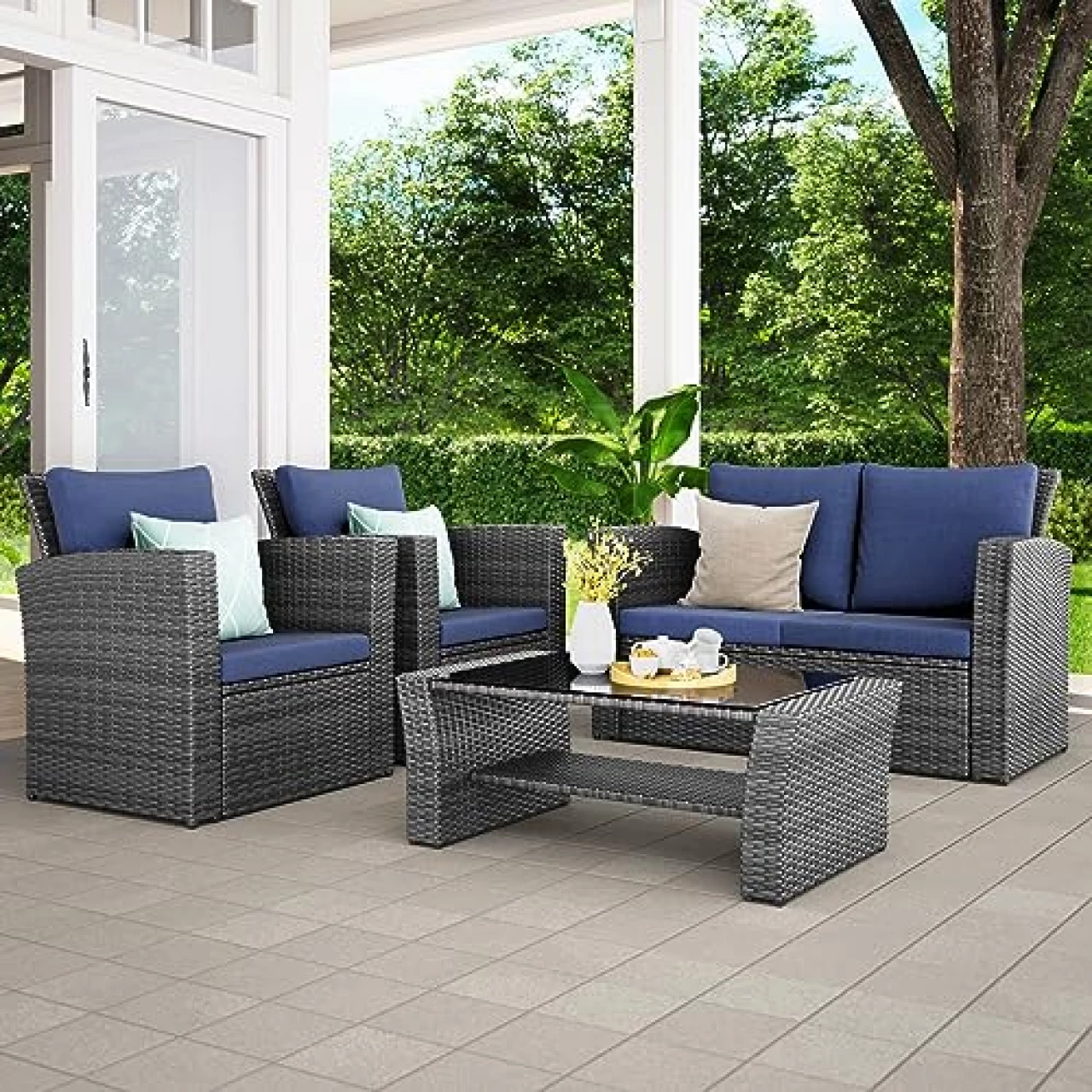 Wisteria Lane 4 Piece Outdoor Patio Furniture Sets, Wicker Conversation Set for Porch Deck, Grey Rattan Sofa Chair with Cushion