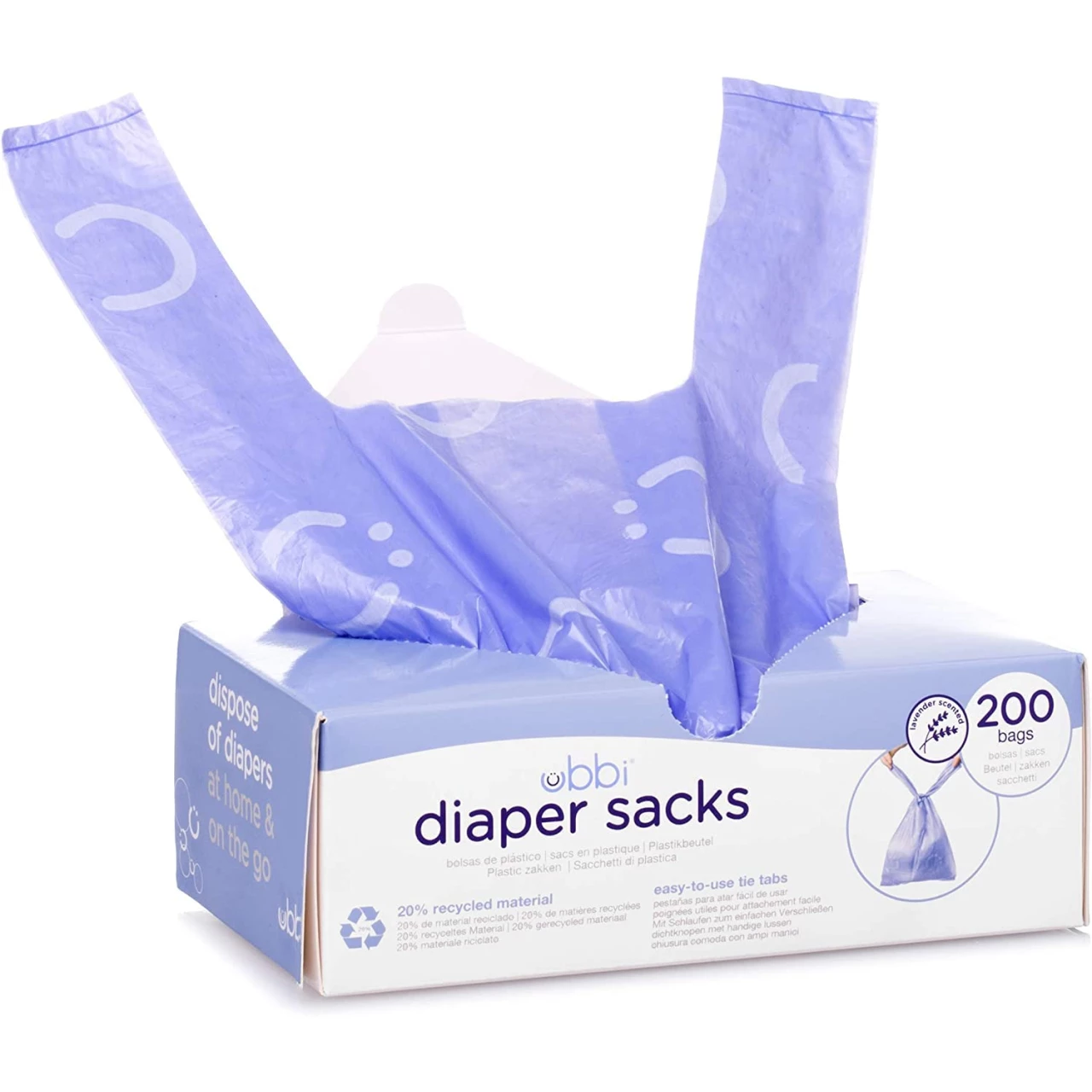 Ubbi Disposable Diaper Sacks, Lavender Scented, Easy-To-Tie Tabs, Diaper Disposal or Pet Waste Bags, 200 Count