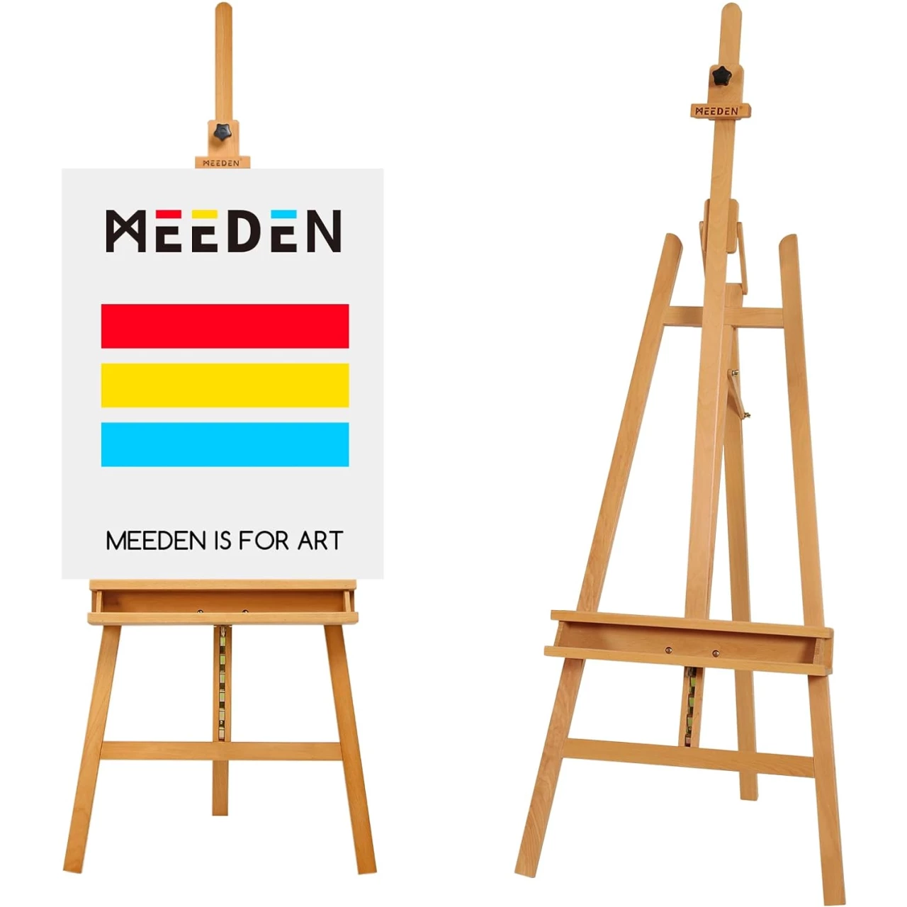 MEEDEN Large Painters Easel Adjustable Solid Beech Wood Artist Easel, Studio Easel for Adults with Brush Holder, Holds Canvas up to 48&quot;