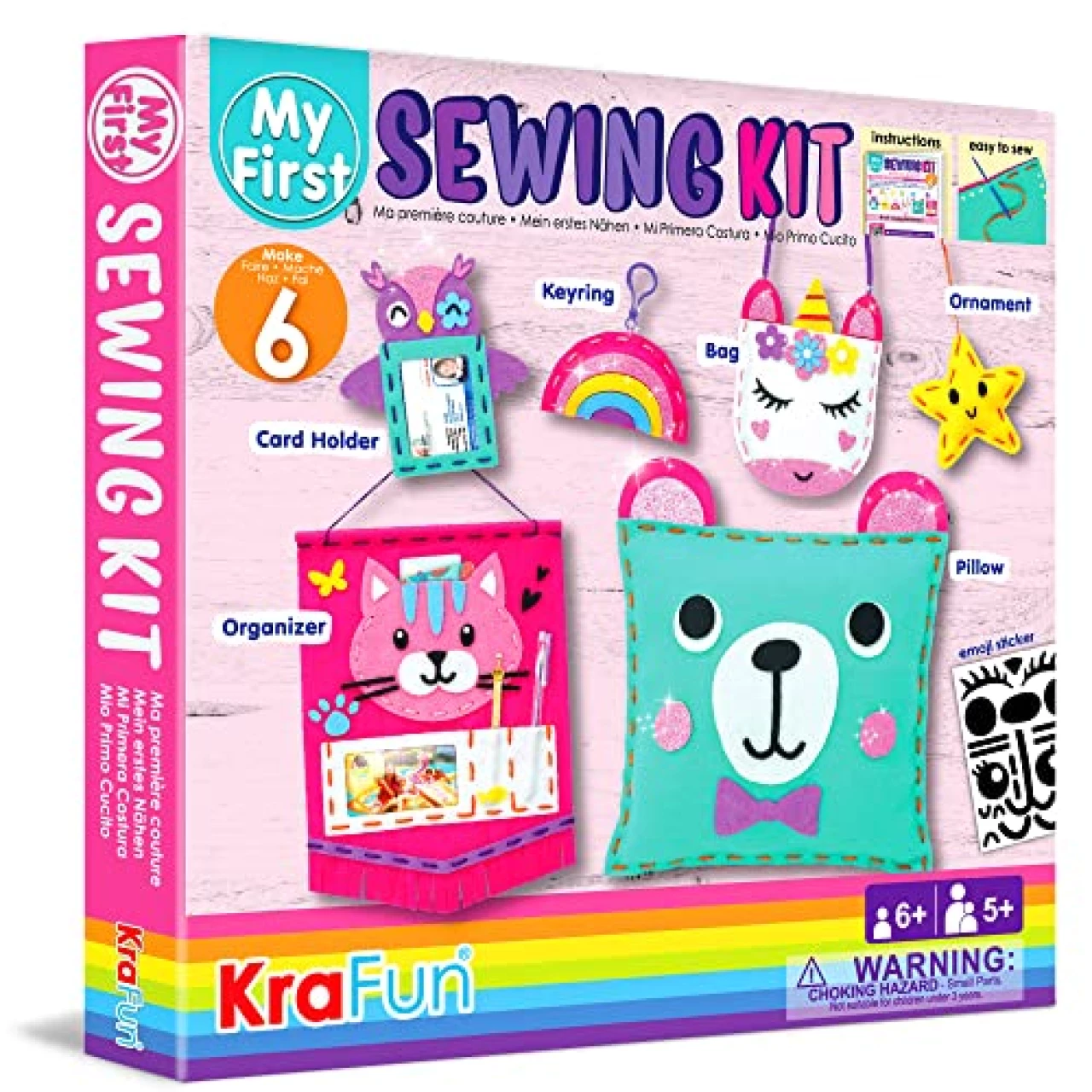 KRAFUN My First Sewing Kit for Beginner Kids Arts &amp; Crafts, 6 Easy DIY Projects