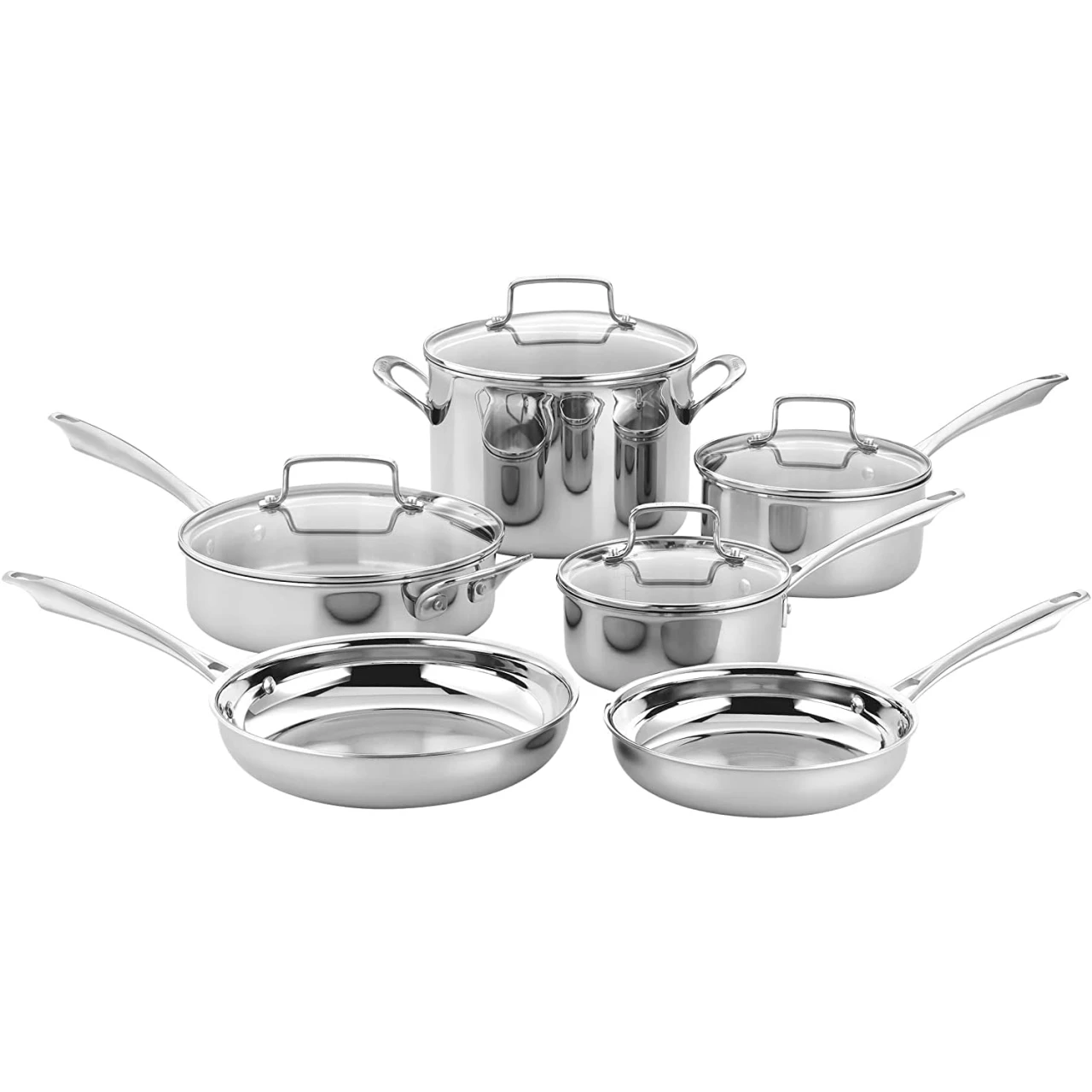 Cuisinart Classic Pots &amp; Pans Set, 10 pcs Cookware Set with Saucepans, Saute pans, &amp; Skillets- Tapered Rims for Drip Free Pouring &amp; Cool Grip Handles, Stainless Steel, TPS-10