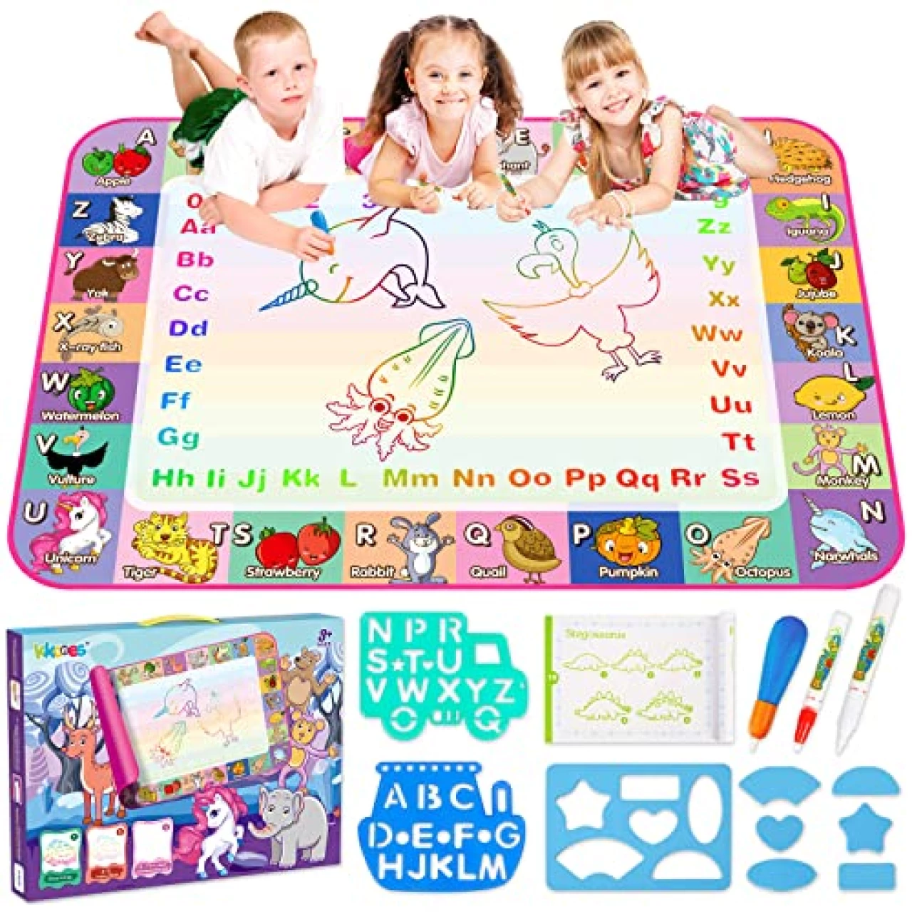 KKONES Water Doodle Mat - Kids Water Drawing Mat, Toddlers Doodle Board Educational Toy - Water Painting Mat Bring Magic Pens Travel Toys Gifts for Age 2 3 4 5 6 Year Old Boys Girls