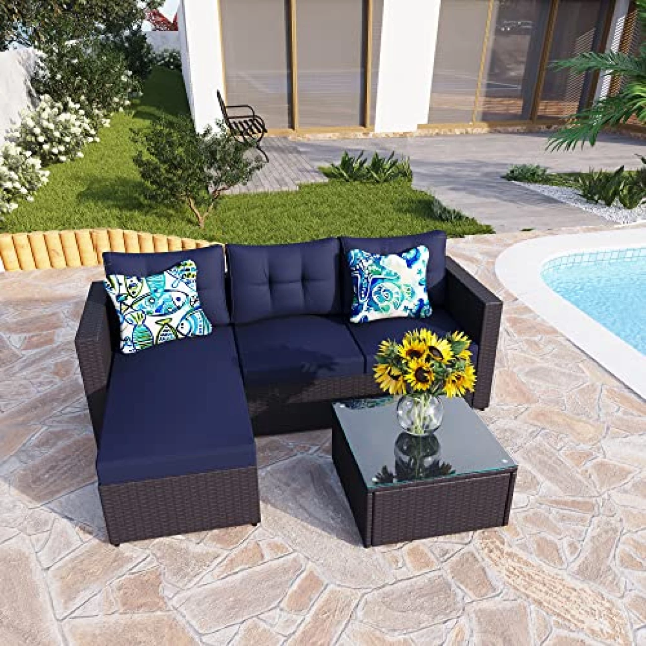 PHI VILLA 77&quot; Wide Outdoor Rattan Sectional Sofa with Cushions - Small Patio Wicker Furniture Set (3 - Person Seating Group, Blue)
