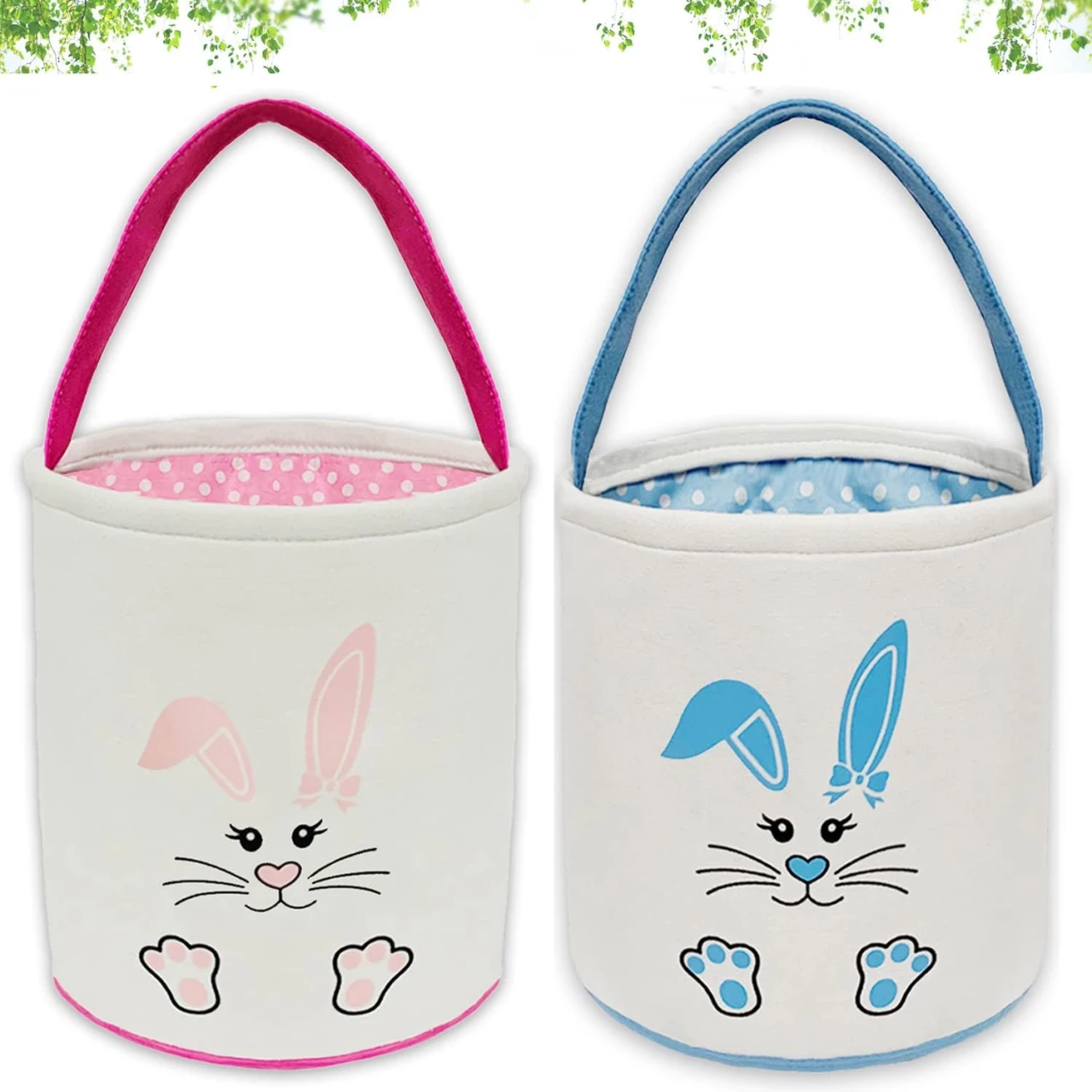 XMxoTxo 2 Pack Easter Bunny Basket Bags for Kids Empty,Collapsible Canvas Easter Bucket for Candy Gifts at Party, Rabbit Ears Design Jute Cloth Tote Bags for Eggs Hunting
