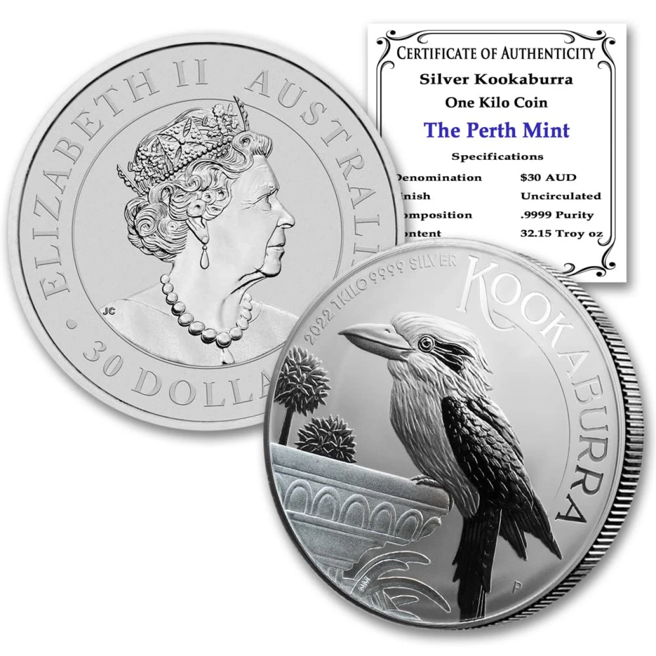 2022 P AU 1 Kilo (32.15 Troy oz) Australian Silver Kookaburra Paperweight Coin Brilliant Uncirculated (BU - in Capsule) with Certificate of Authenticity $30 BU