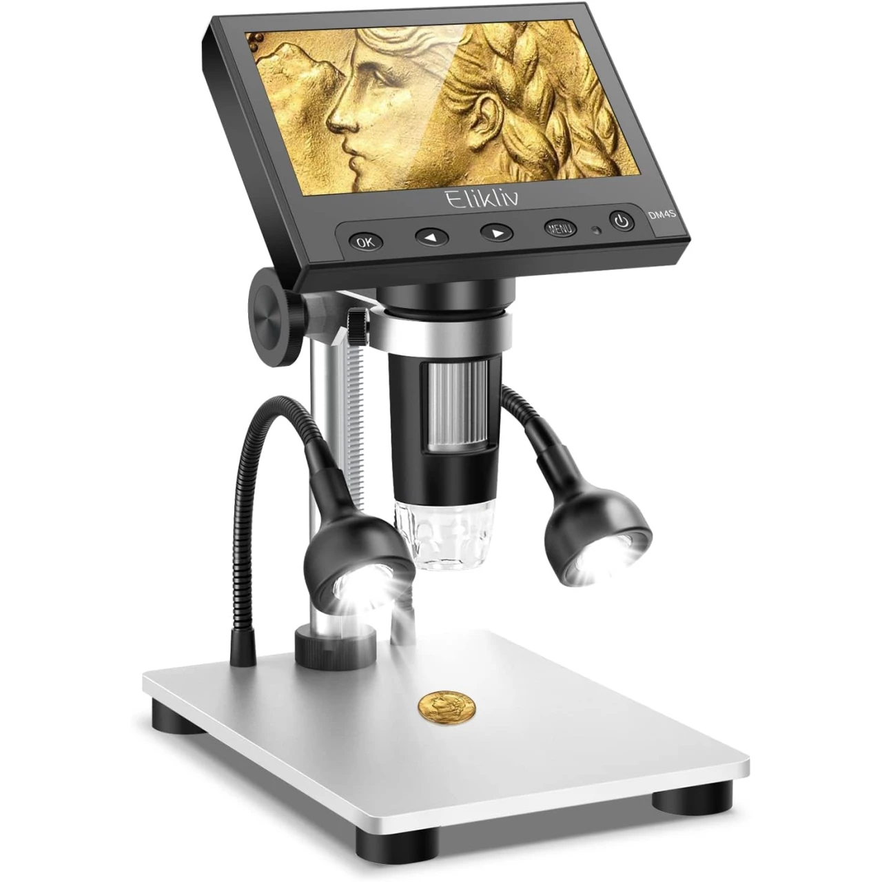 Elikliv EDM4S Coin Microscope for Error Coins, 4.3&rsquo;&rsquo; 1000X LCD Digital Microscope with Screen 1080P USB Microscope Camera, 10 LED Fill Lights, Metal Stand, PC View, Compatible with Windows/Os