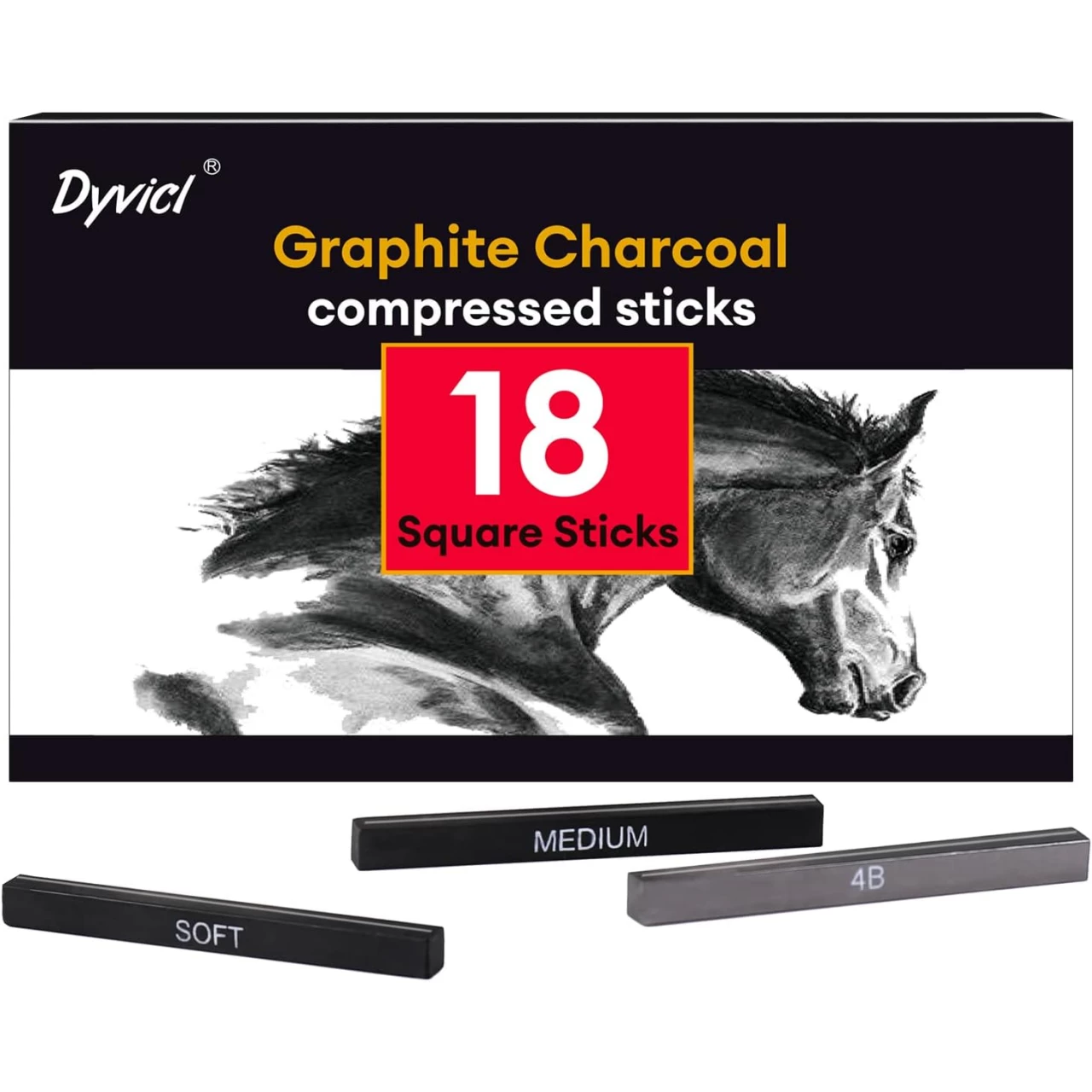 Dyvicl Compressed Graphite Charcoal Sticks, Square Black White Charcoal for Sketching, Drawing, Shading, Blending, Pack of 18