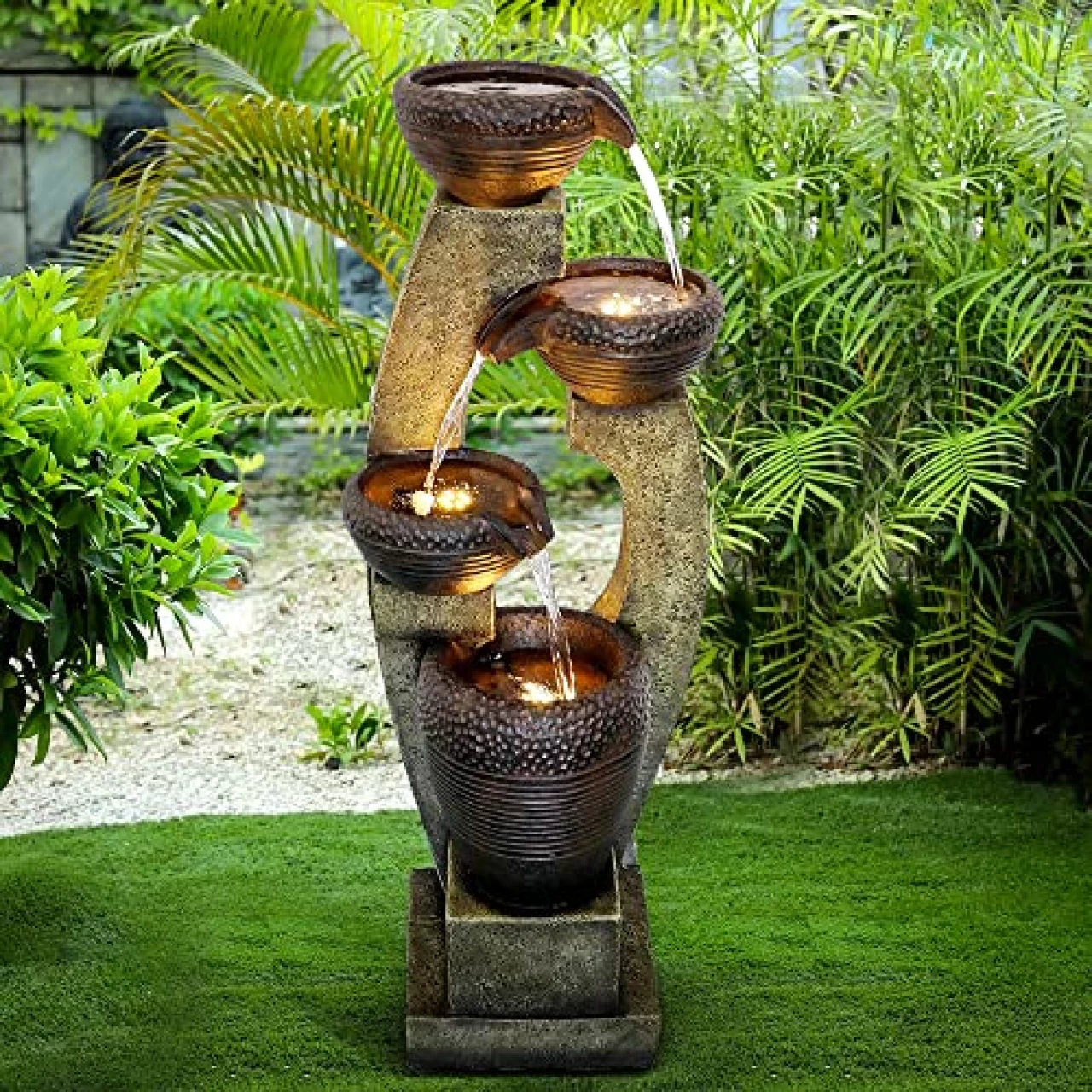 Naturefalls 40” H Modern Outdoor Fountain - 4 Crocks Outdoor Garden Fountains with Contemporary Design&amp;LED Light