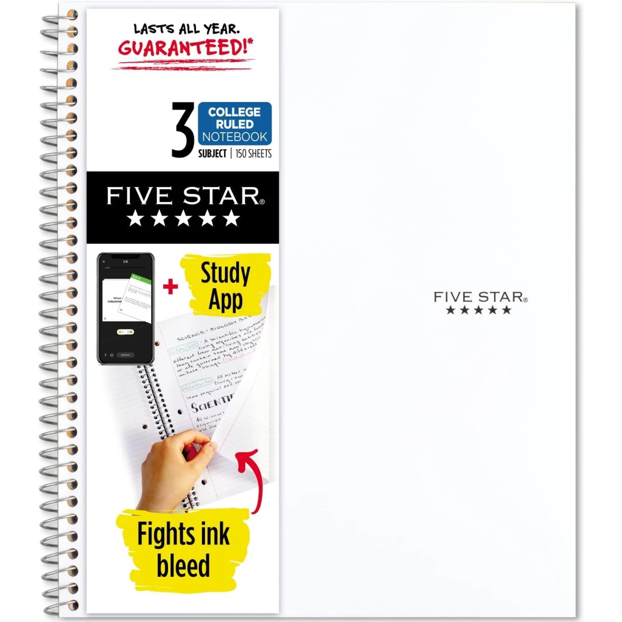 Five Star Spiral Notebook + Study App, 3 Subject, College Ruled Paper
