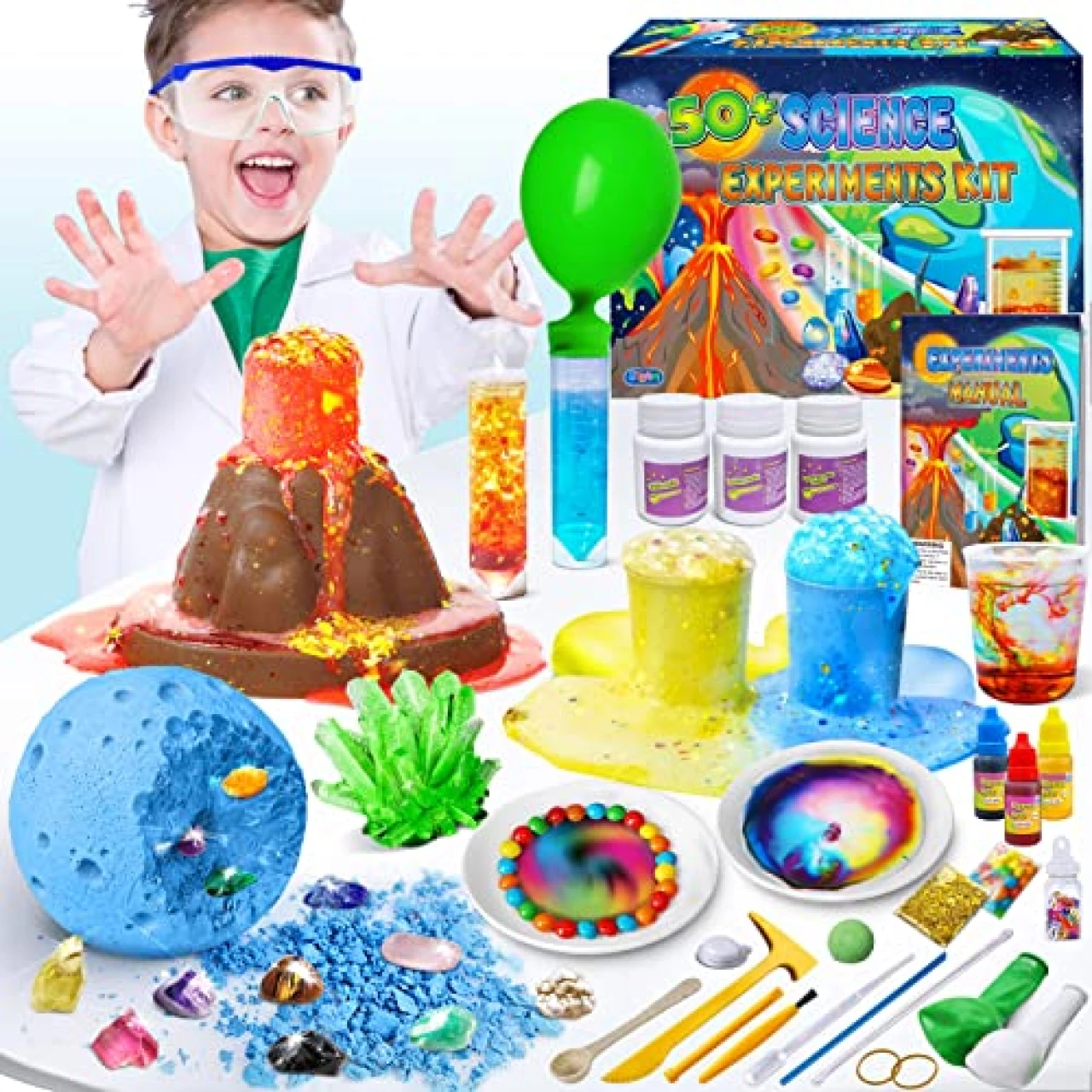 UNGLINGA 50+ Science Lab Experiments Kit for Kids Age 4-6-8-12, STEM Activities Educational Scientist Toys Gifts for Boys Girls Chemistry Set, Gemstone Dig, Volcano Eruption, Crystal Growing