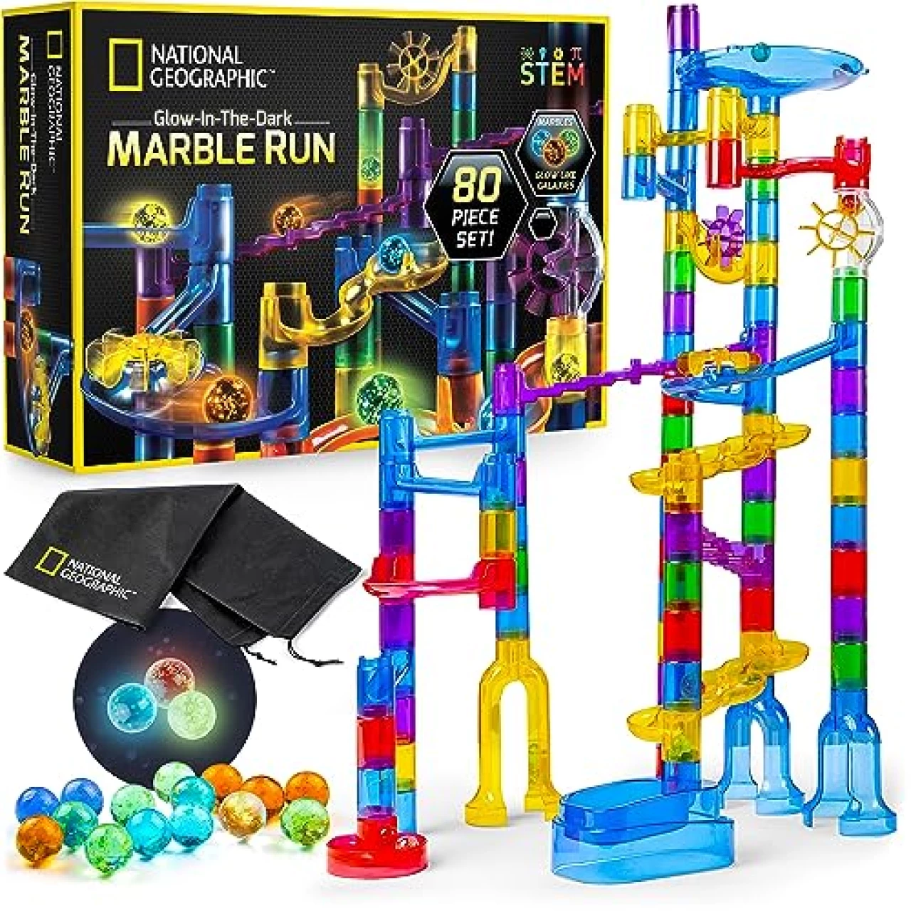 NATIONAL GEOGRAPHIC Glowing Marble Run – 80 Piece Construction Set with 15 Glow in the Dark Glass Marbles &amp; Storage Bag, STEM Gifts for Boys and Girls, Building Project Toy (Amazon Exclusive)