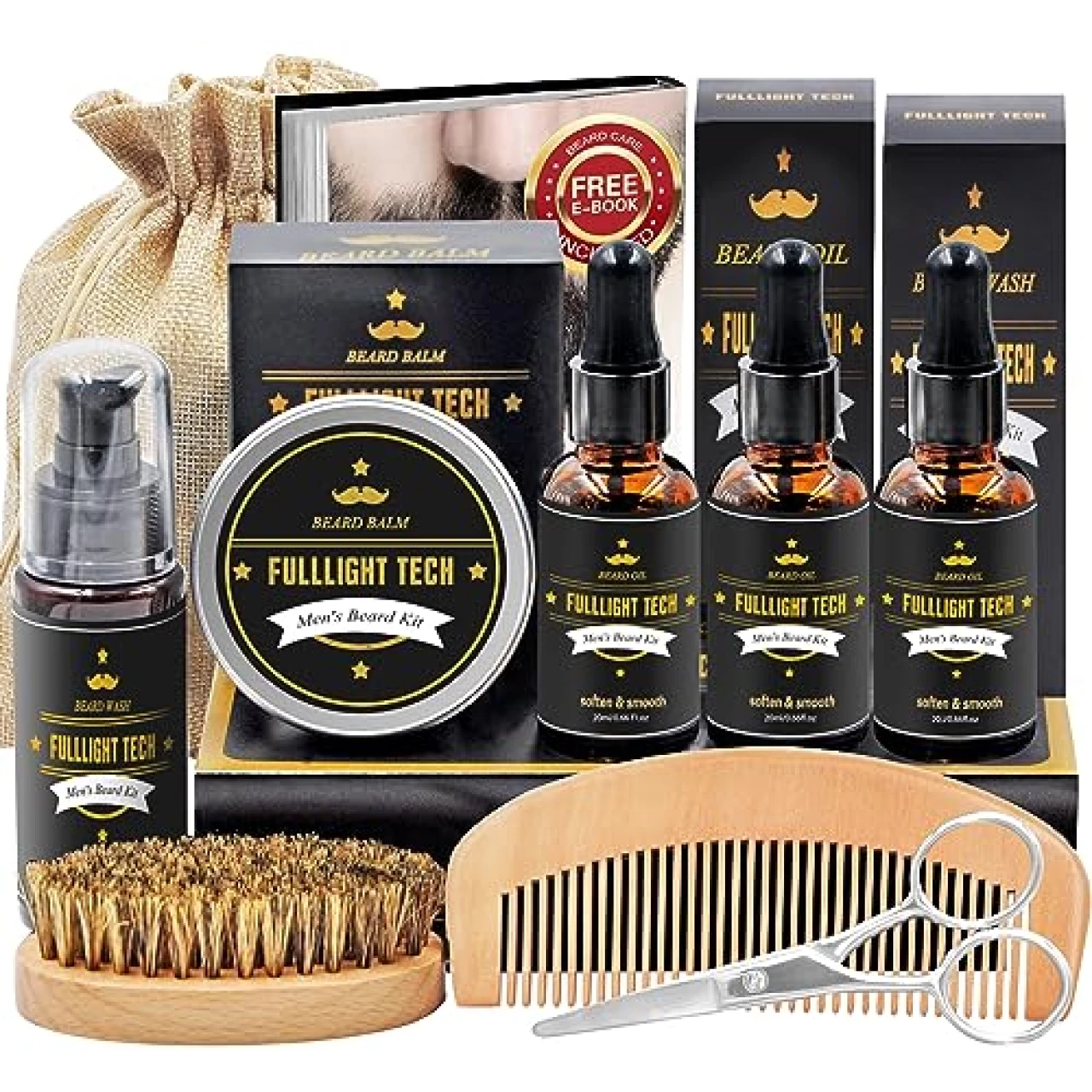 FULLLIGHT TECH Beard Kit for Men Grooming &amp; Care W/Beard Wash,3 Packs Beard Oil,Beard Balm Comb,Brush Scissors,Beard Care Gifts for Men Him Husband