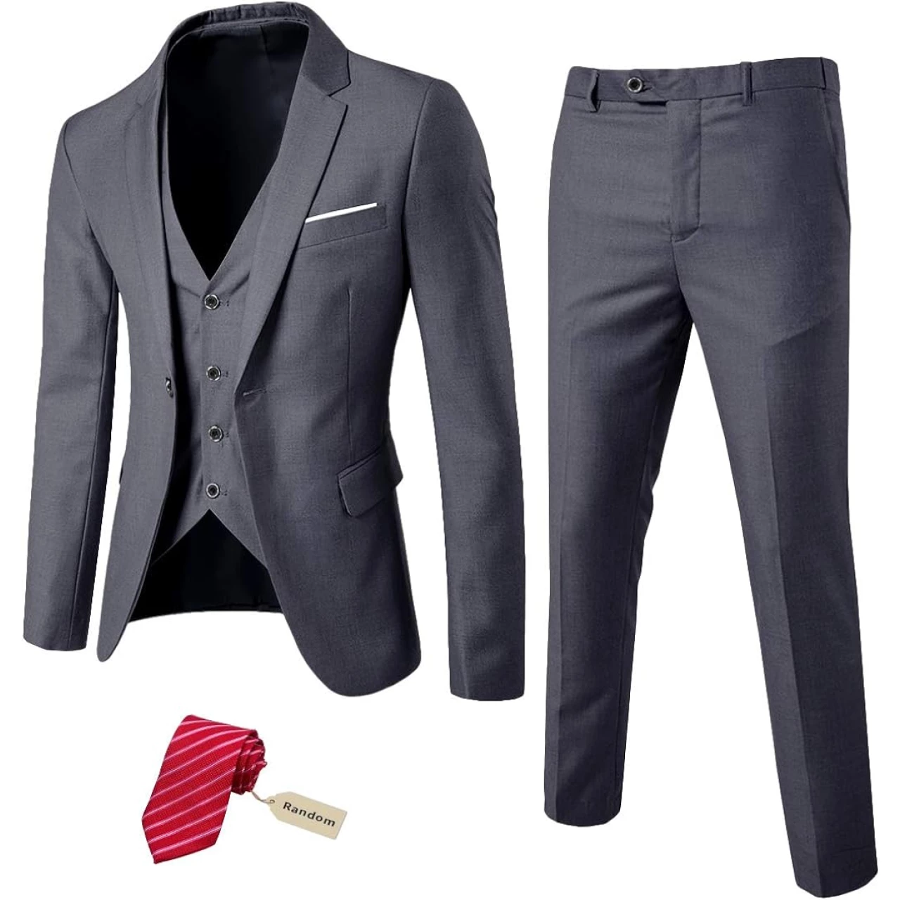MYS Men&rsquo;s 3 Piece Slim Fit Suit Set, One Button Solid Jacket Vest Pants with Tie Natural White