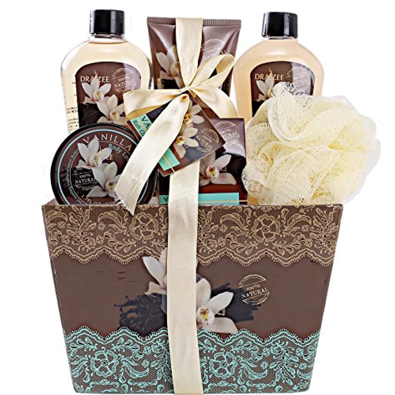 Valentine&rsquo;s Day Spa Gift Basket For Her - 6 Pcs Refreshing Seductive Vanilla Fragrance Bath and Body Spa Basket Gift Set Includes Shower Get, Body Lotion &amp; Scrub, Bath Salts, Puff By Draizee