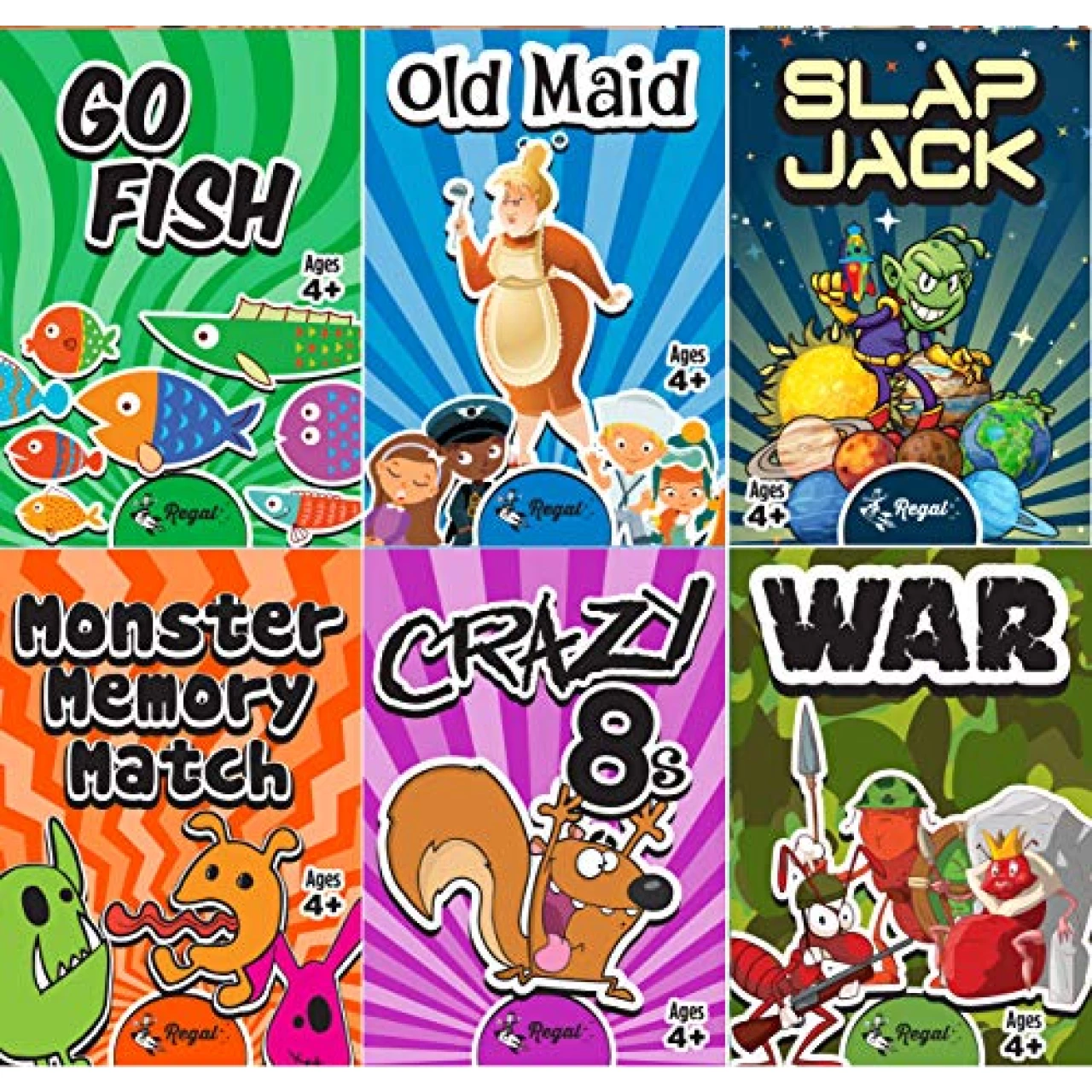 Regal Games Kids Classic Card Game Set - Old Maid, Go Fish, Slapjack, Crazy 8&rsquo;s, War, Silly Monster Memory