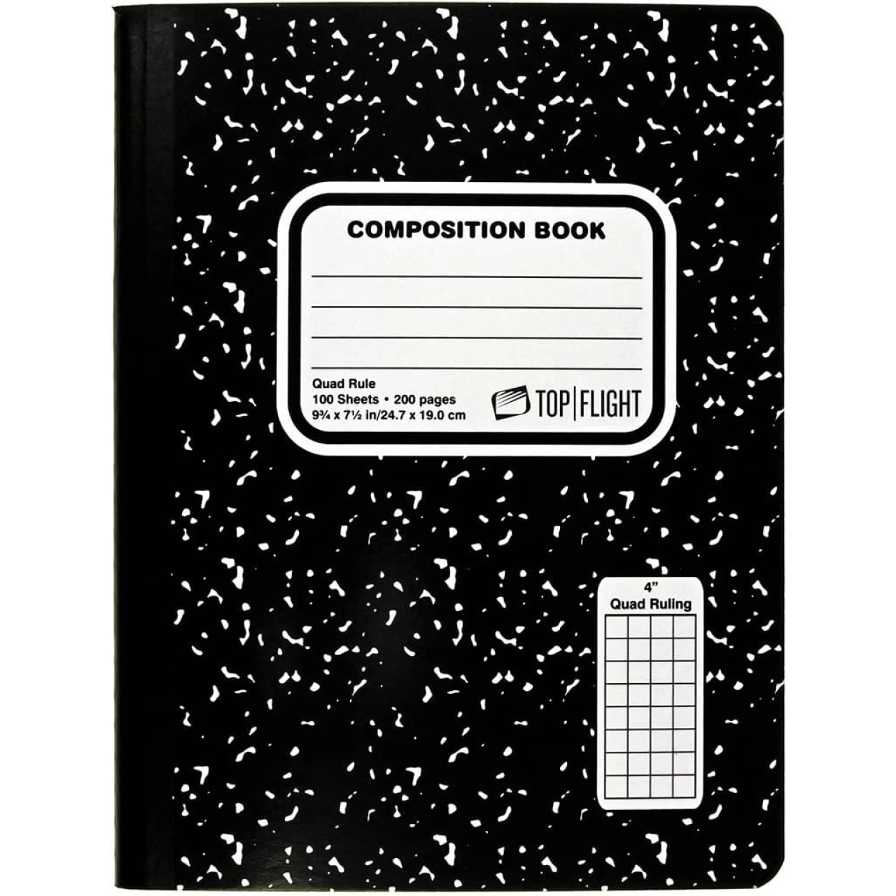 Top Flight Sewn Marble Composition Book, Black/White, Quad Rule, 4 Squares per Inch, 9.75 x 7.5 Inches, 100 Sheets