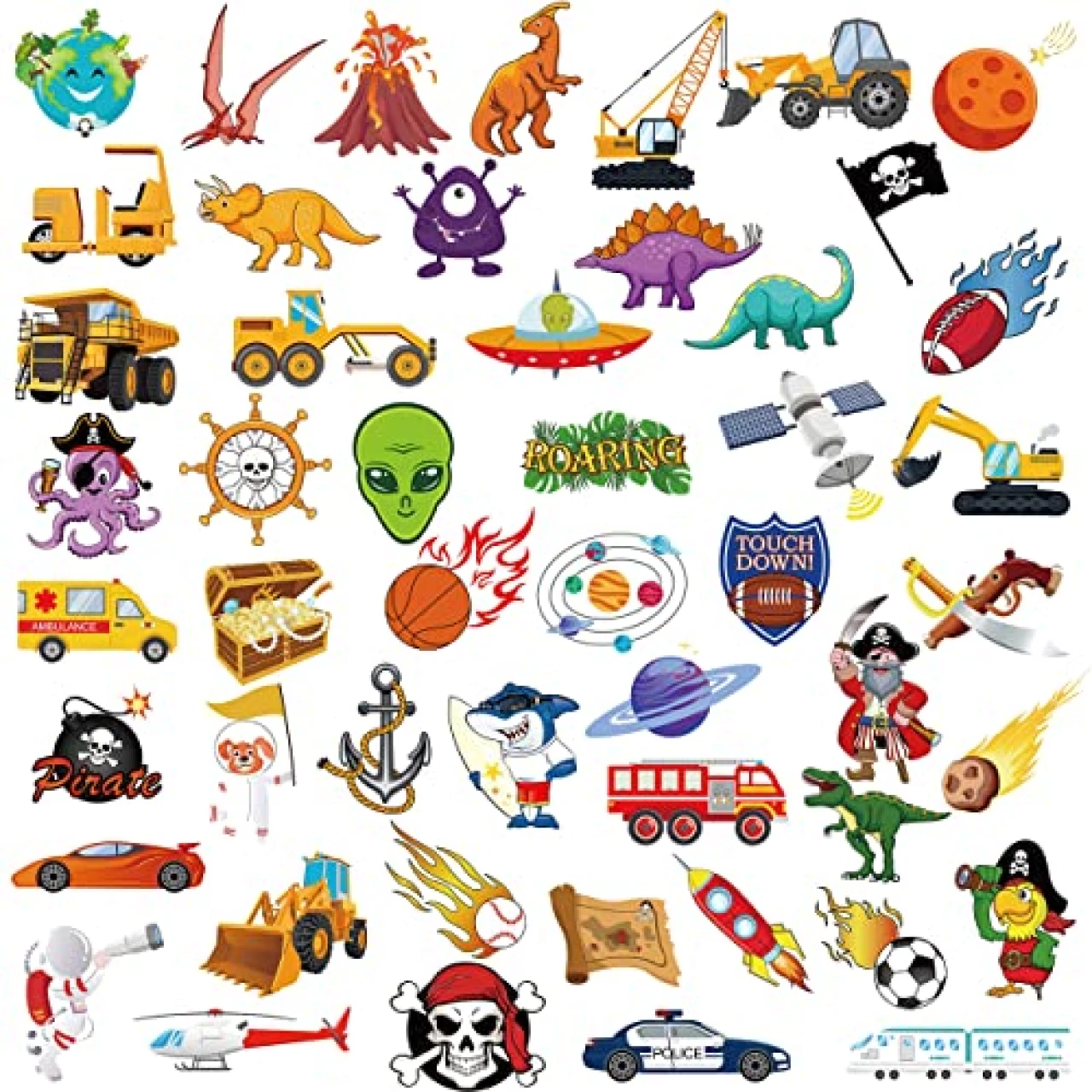 Kids Temporary Tattoos(100pcs),Konsait Solar System Outer Space/Pirate/Construction Zone Tractor Truck/Dinosaur Shark Face Tattoo for Boys Goody Filler Birthday Party Favor Supplies