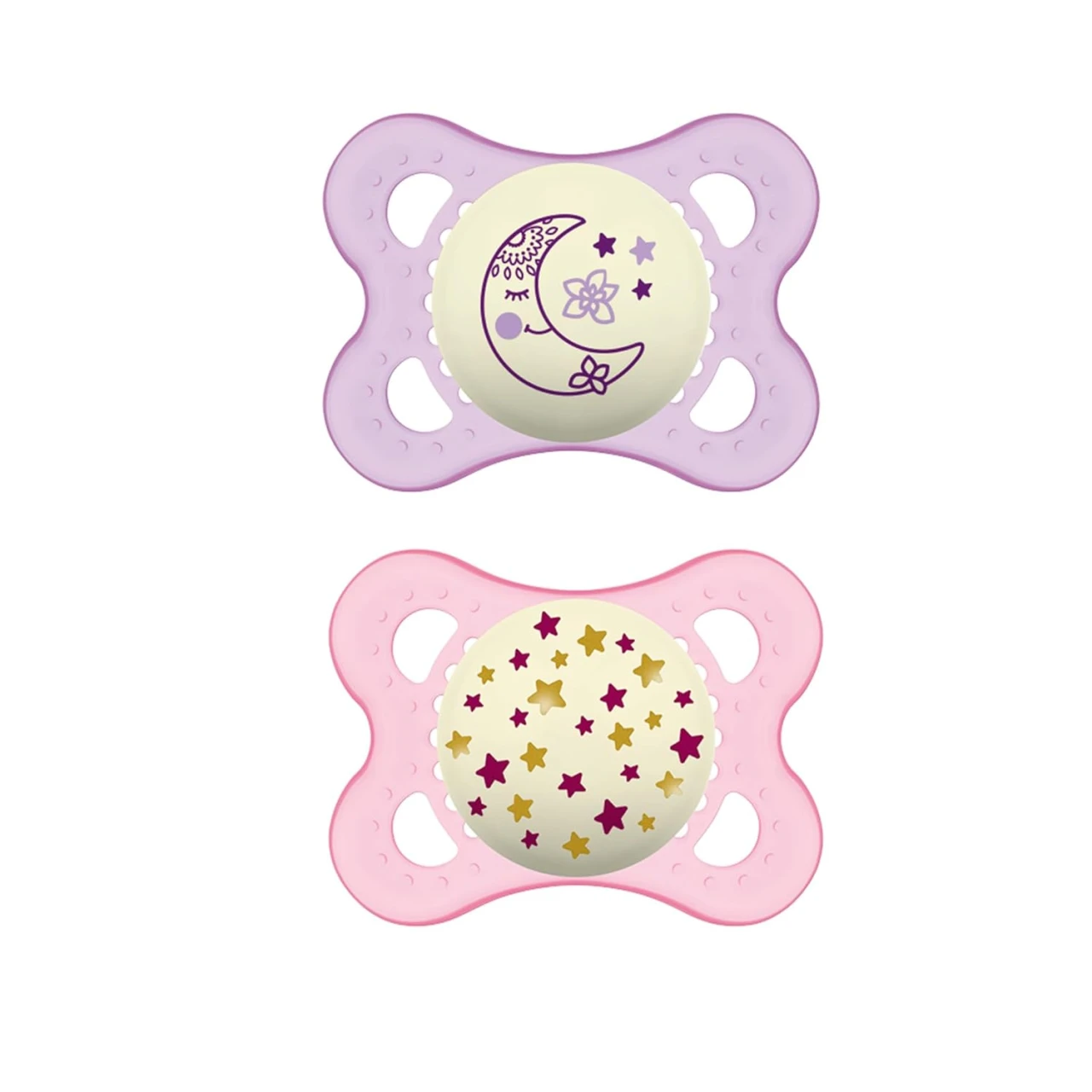 MAM Night Pacifiers (2 Pack, 1 Sterilizing Pacifier Case), MAM Pacifiers 0-6 Months, Best Pacifier for Breastfed Babies, Glow in the Dark Pacifier, Baby Girl Pacifier