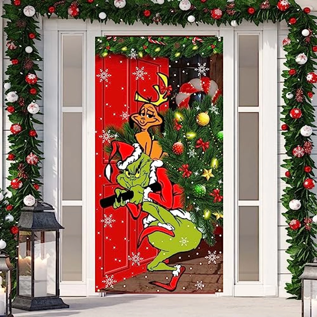 Grinch Christmas Decorations Grinch Door Cover Merry Grinchmas Door Cover 6 X 3ft Black Buffalo Grid Flag Photography Banner Christmas Xmas Winter Holiday Home Kitchen