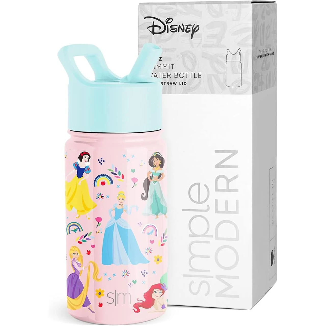 Simple Modern Disney Princesses Kids Water Bottle with Straw Lid | Reusable Insulated Stainless Steel Cup for Girls, School | Summit Collection | 14oz, Princess Rainbows