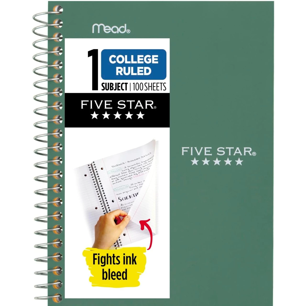 Five Star Personal Spiral Notebook, 1 Subject, College Ruled Paper, 7&quot; x 4-3/8&quot;, Small Size, 100 Sheets, Seaglass Green (450022CH1)