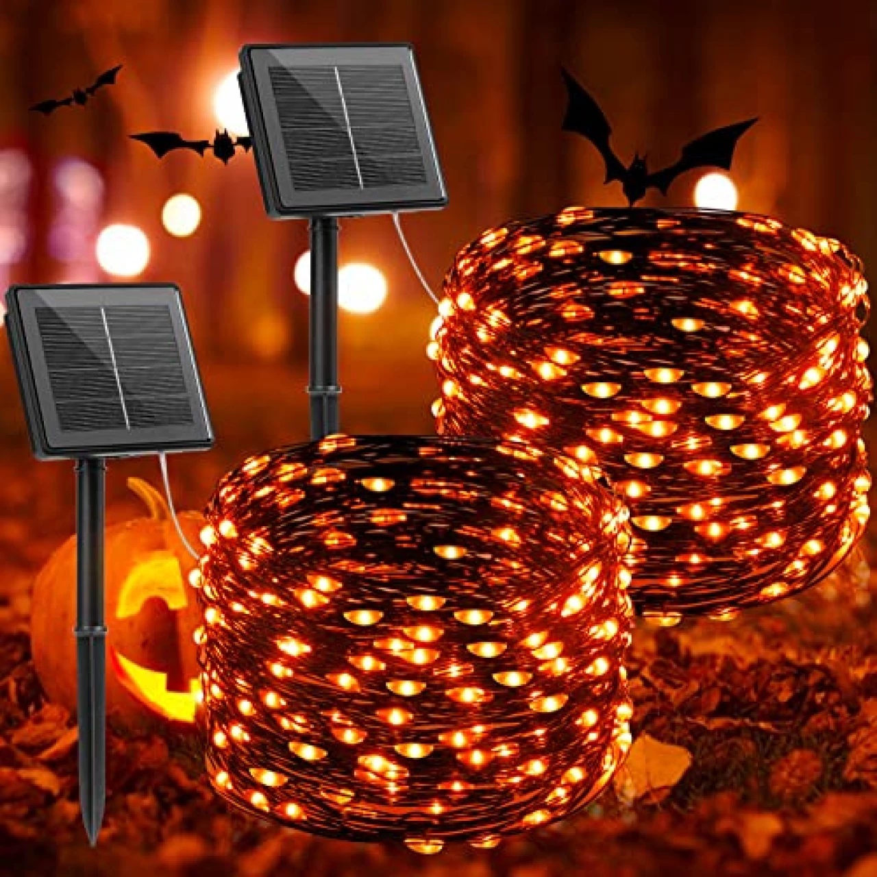 Orange Lights, 2 Packs Each 66 Feet 200 LED Solar Fairy Lights, Halloween Lights Outdoor with 8 Modes, Waterproof Twinkle Fall Lights for Patio Yard Trees Party, Black Wire