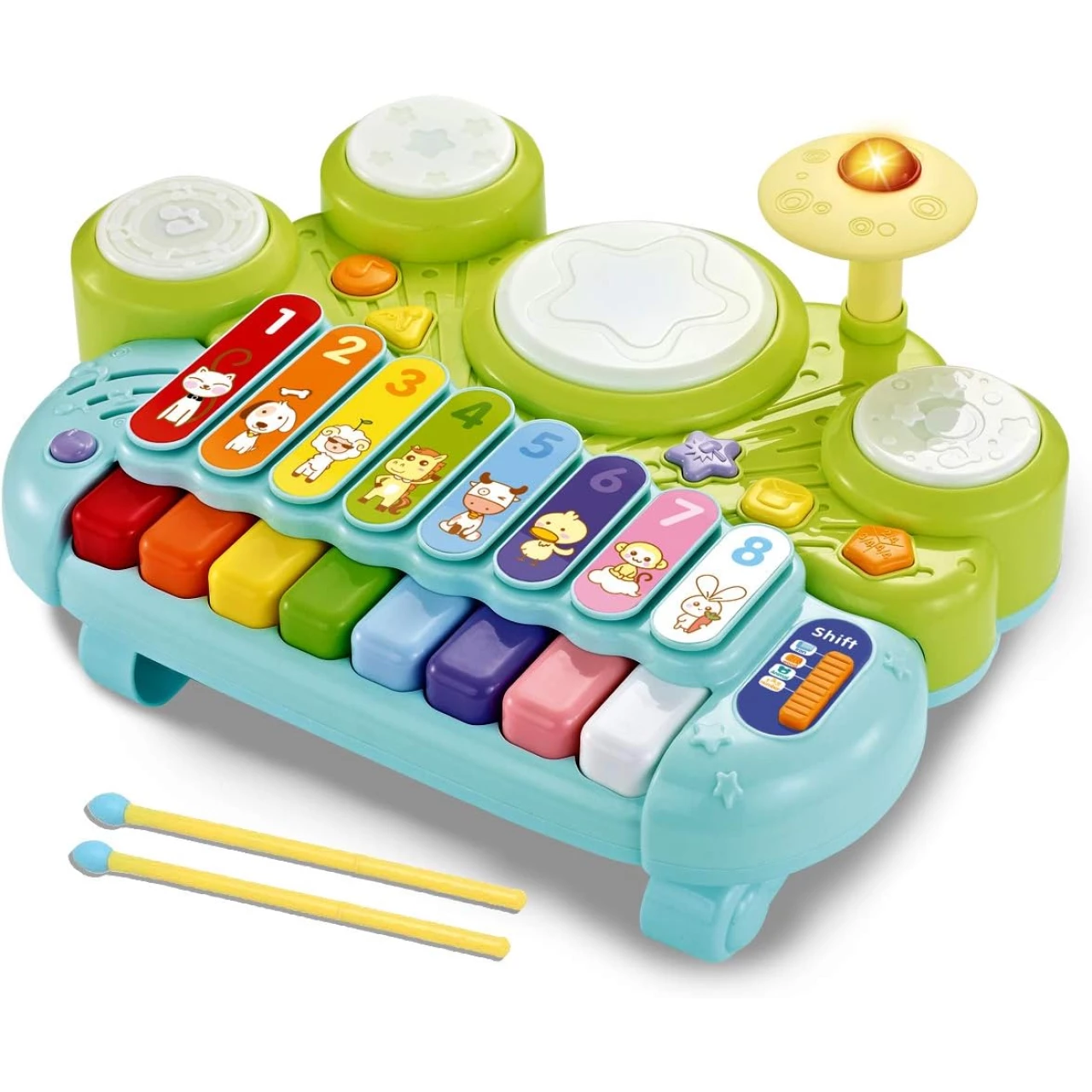 fisca 3 in 1 Musical Instruments Toys, Electronic Piano Keyboard Xylophone Drum Set - Learning Toys with Lights