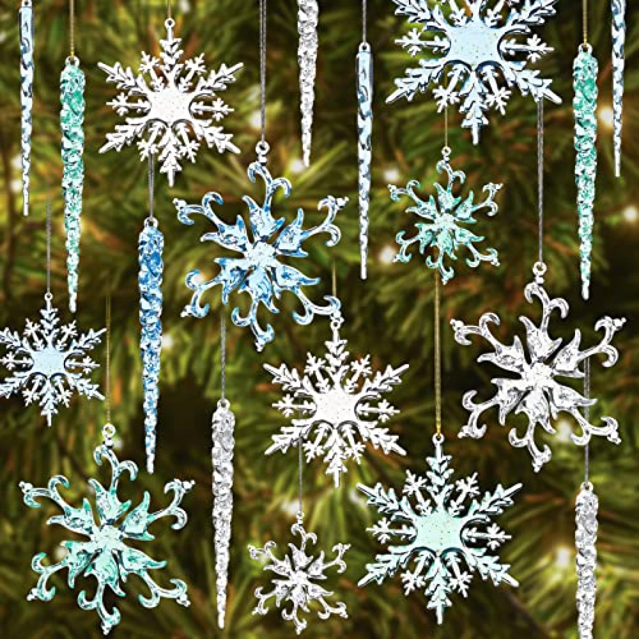 VGOODALL 38PCS Glitter Snowflakes Icicles, Snowflake Christmas Tree Ornaments Acrylic Snowflakes Icicles with Gold Sequins Inside